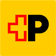 Logo der Apotheke mit rotem Kreuz und schwarzen Buchstaben auf gelbem Hintergrund