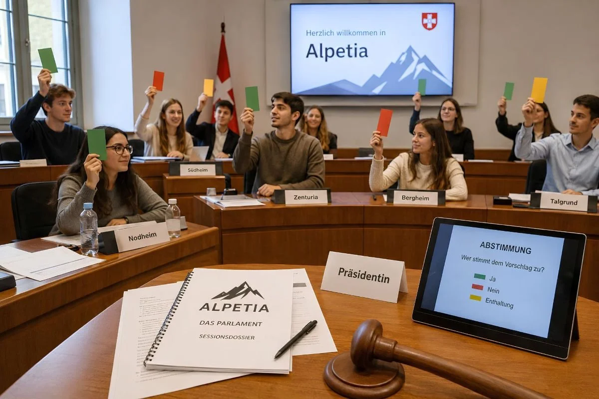 Teilnehmende erleben Wahlen, Parteien und parlamentarische Entscheidungen in einer simulierten Demokratie-Sitzung des fiktiven Landes Alpetia.