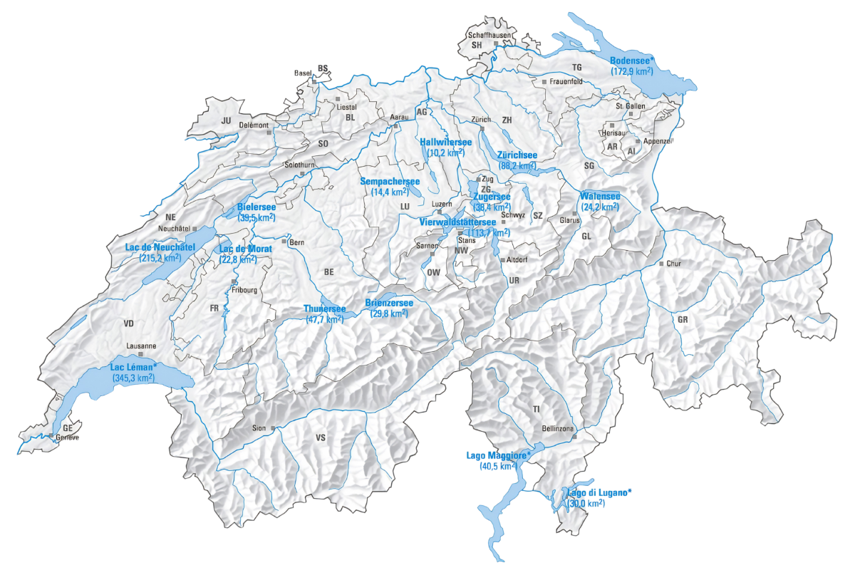 Karte mit allen Schweizer Seen über 10 Quadratkilomter Gesamtfläche.