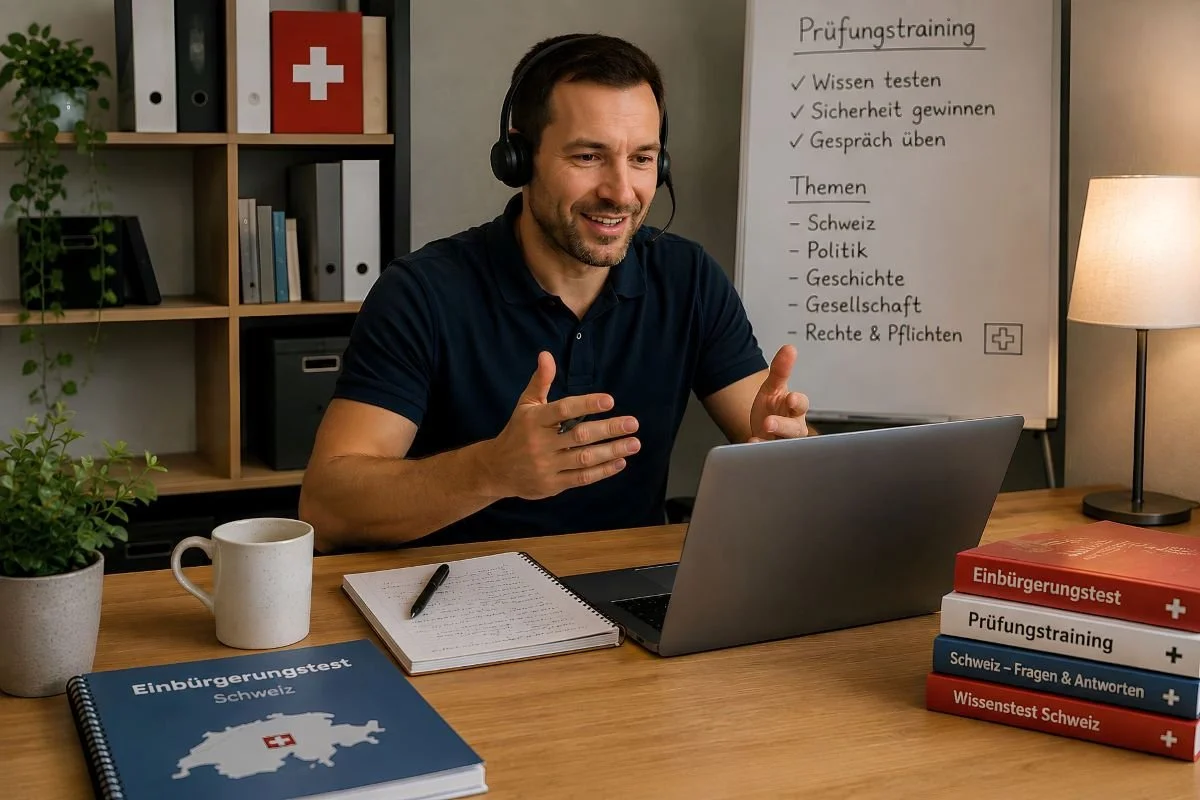 Person trainiert online für Prüfungen, Wissenstests und Einbürgerungsgespräche der Schweiz mit Laptop und Trainingsunterlagen.