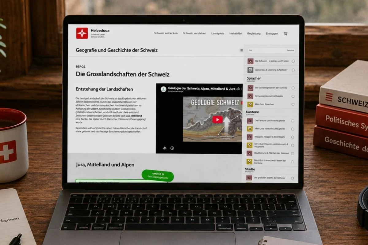 Laptop mit digitalen Lerninhalten zu Geografie, Geschichte, Demokratie und Politik der Schweiz.