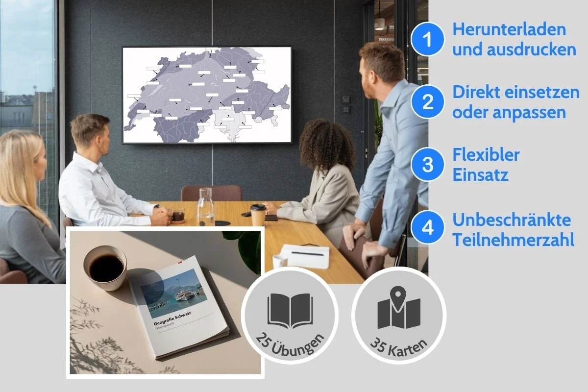 Einsatz des Kurs-Sets Geografie Schweiz im Unterricht mit Stummkarte und Gruppenarbeit im Seminarraum