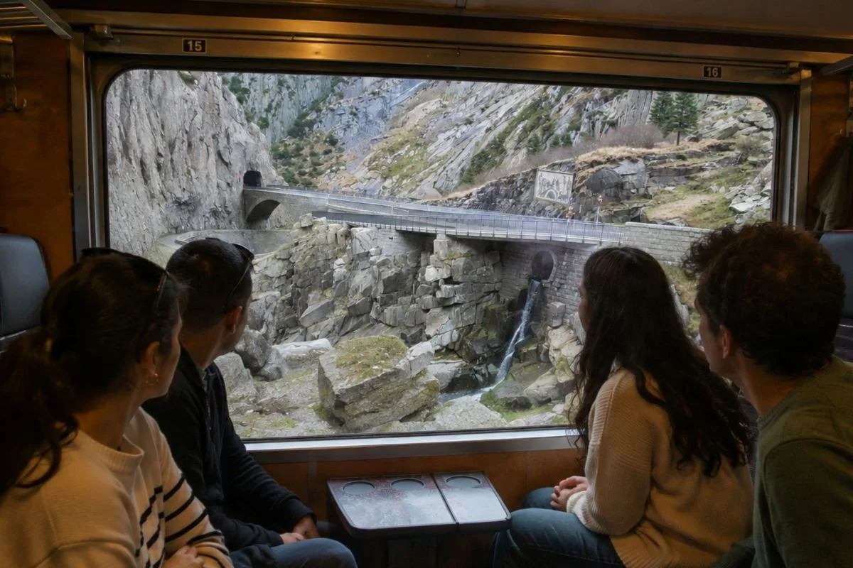 Personen auf einer individuellen Lernreise durch die Schweiz mit Blick auf Landschaft und historische Verkehrswege.