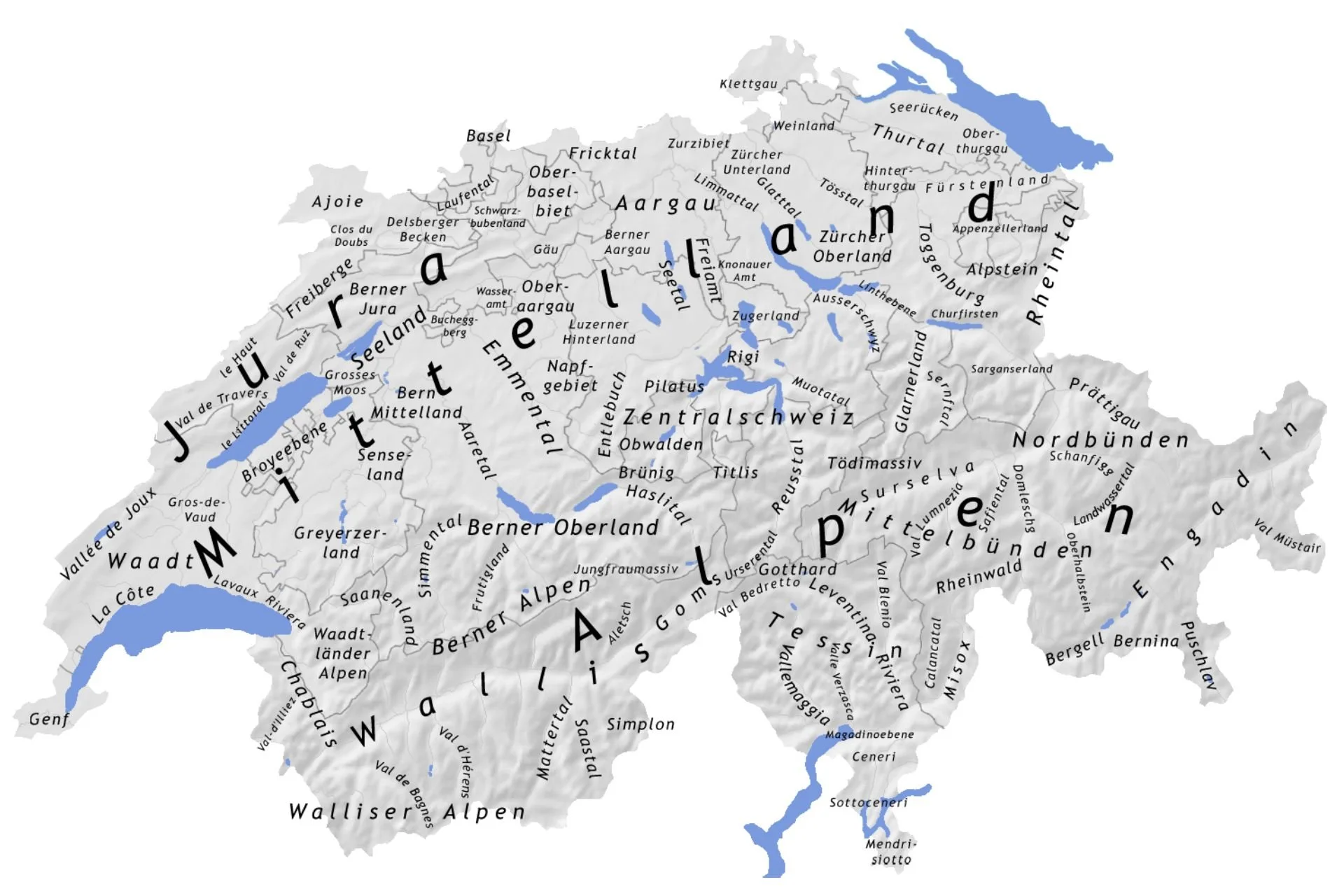 Karte der Schweiz mit Alpen, Jura und Mittelland sowie wichtigen Gebirgszügen und Tälern zur Darstellung der Landschaftsstruktur