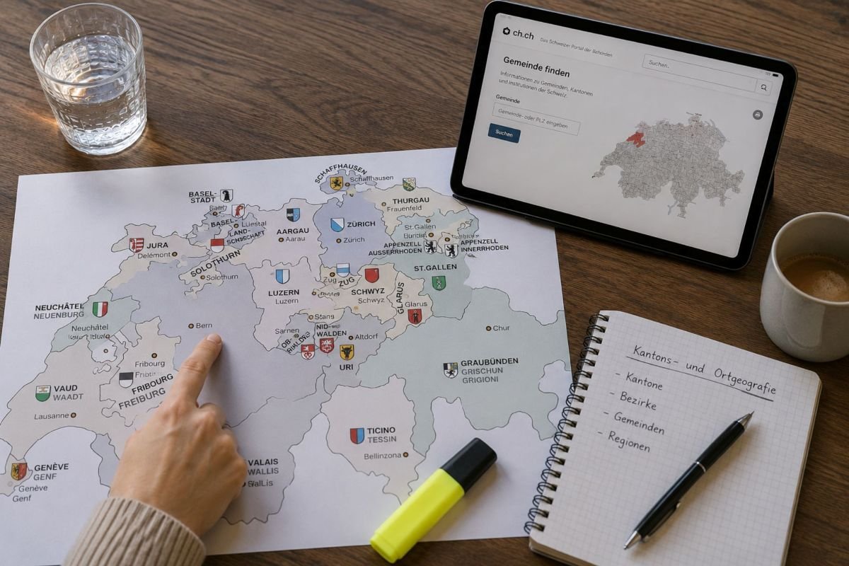 Karte der Schweiz, Tablet und Notizen zur Recherche geografischer Informationen über Kantone, Gemeinden und Regionen.