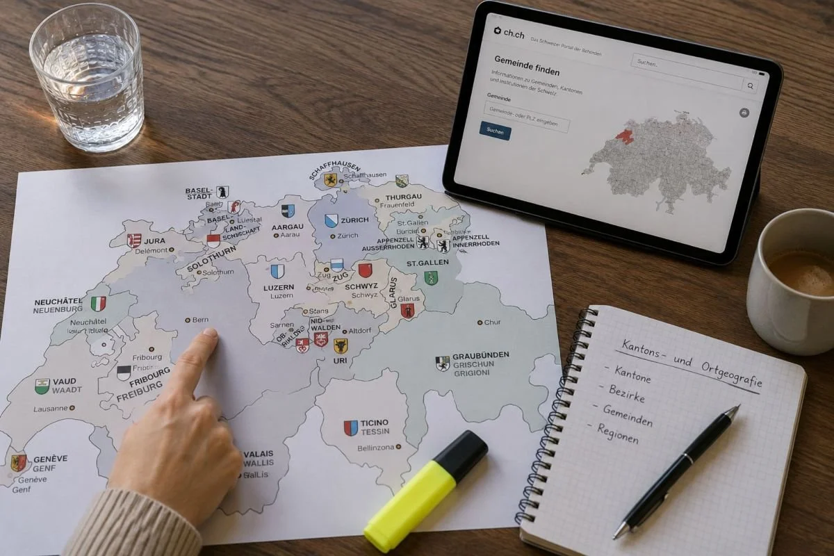Karte der Schweiz, Notizen und Tablet zur Recherche von Kantonen, Gemeinden und Regionen im Online-Webinar zur Schweizer Geografie.