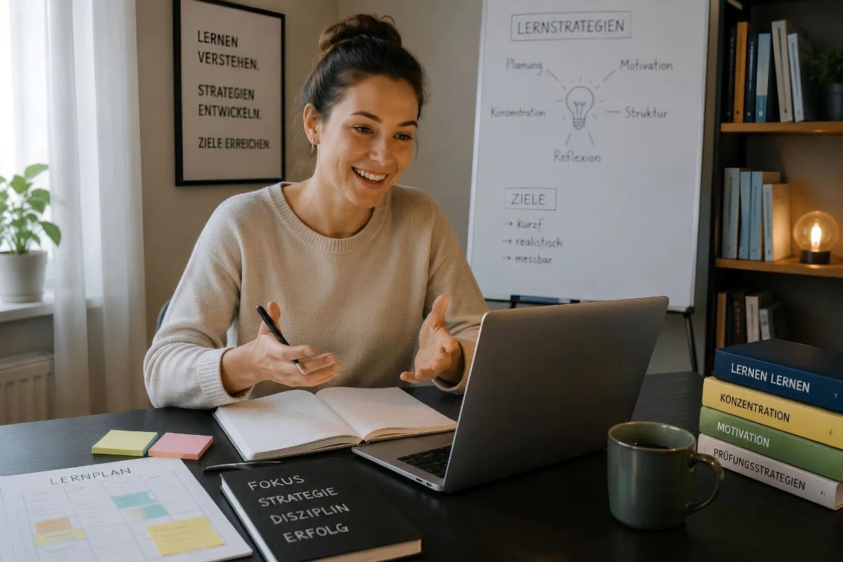 Person im Online-Lerncoaching mit Laptop, Notizen und Lernmaterialien zur Entwicklung von Lernstrategien und zum Umgang mit Prüfungsstress.