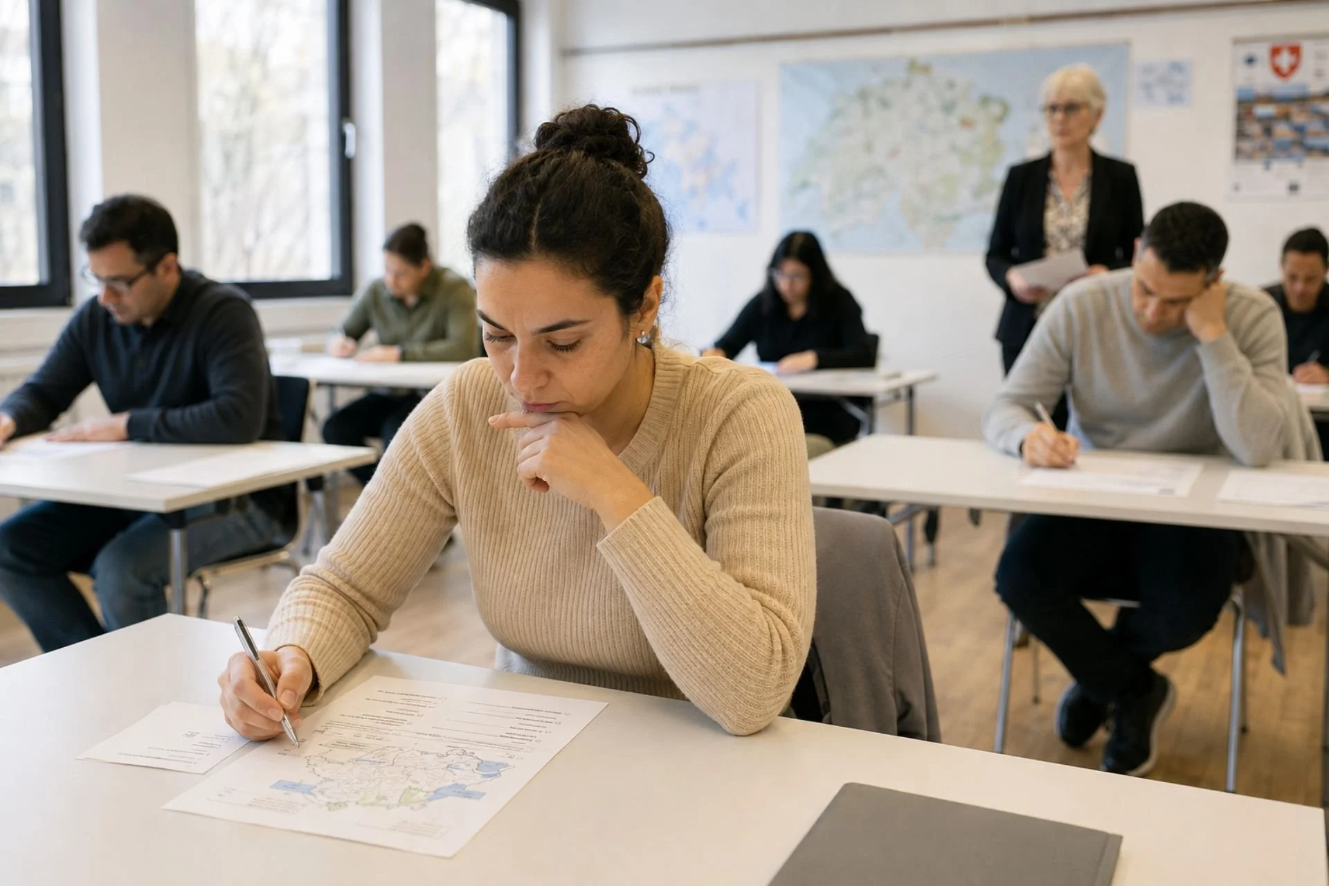 Teilnehmende absolvieren einen Wissenstest als Vorbereitung auf eine Einbürgerung in der Schweiz.
