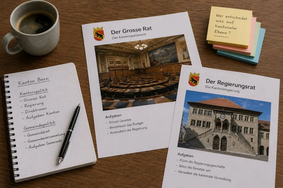 Unterlagen zu Grossem Rat, Regierungsrat und Gemeindepolitik als Symbol für politische Institutionen und Föderalismus in der Schweiz.