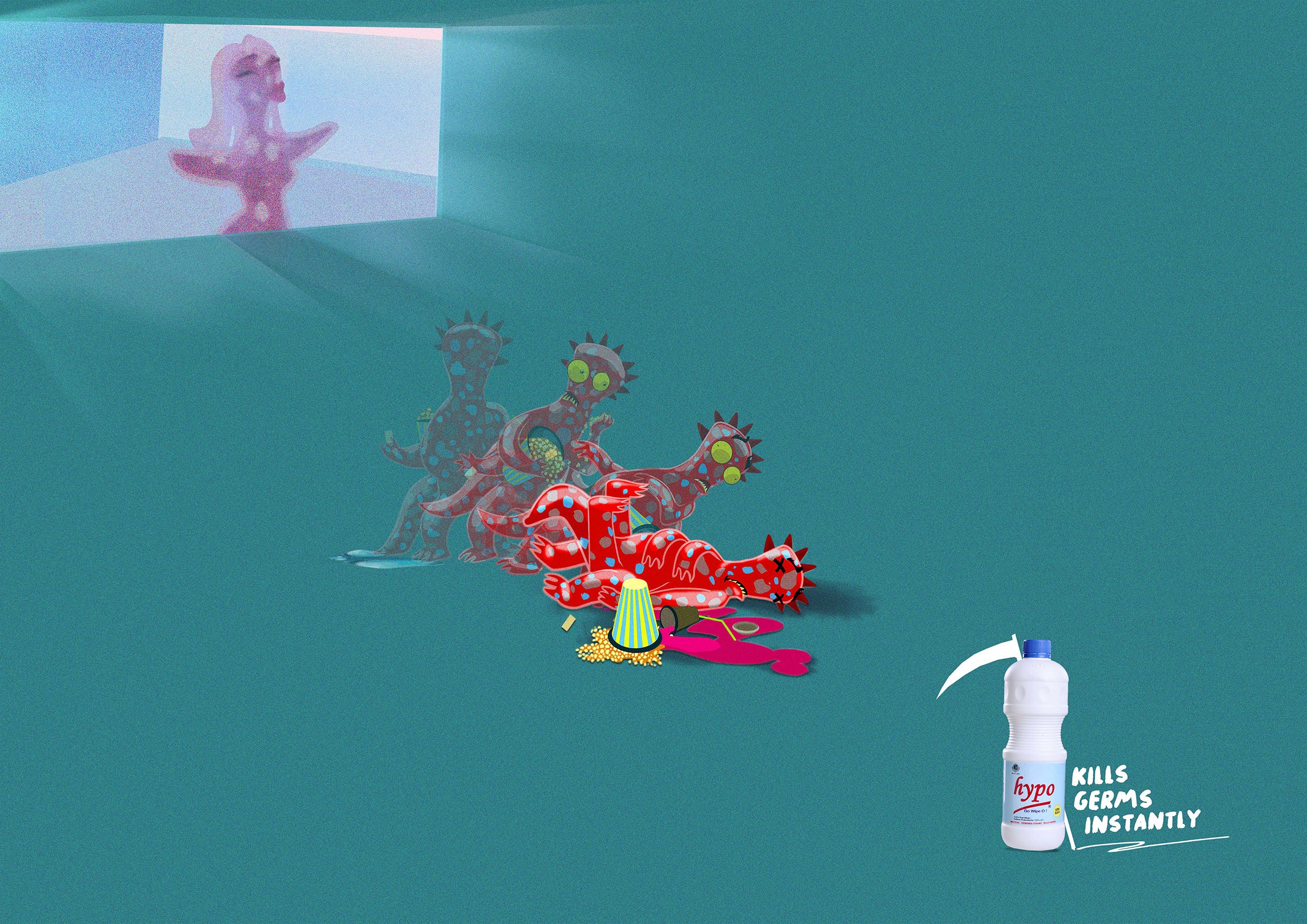 Colorful cartoon monsters celebrating a party with a party hat, confetti, and balloons, while a bottle of disinfectant spray labeled 'hypo' is positioned in the foreground with the caption 'Kills germs instantly'.