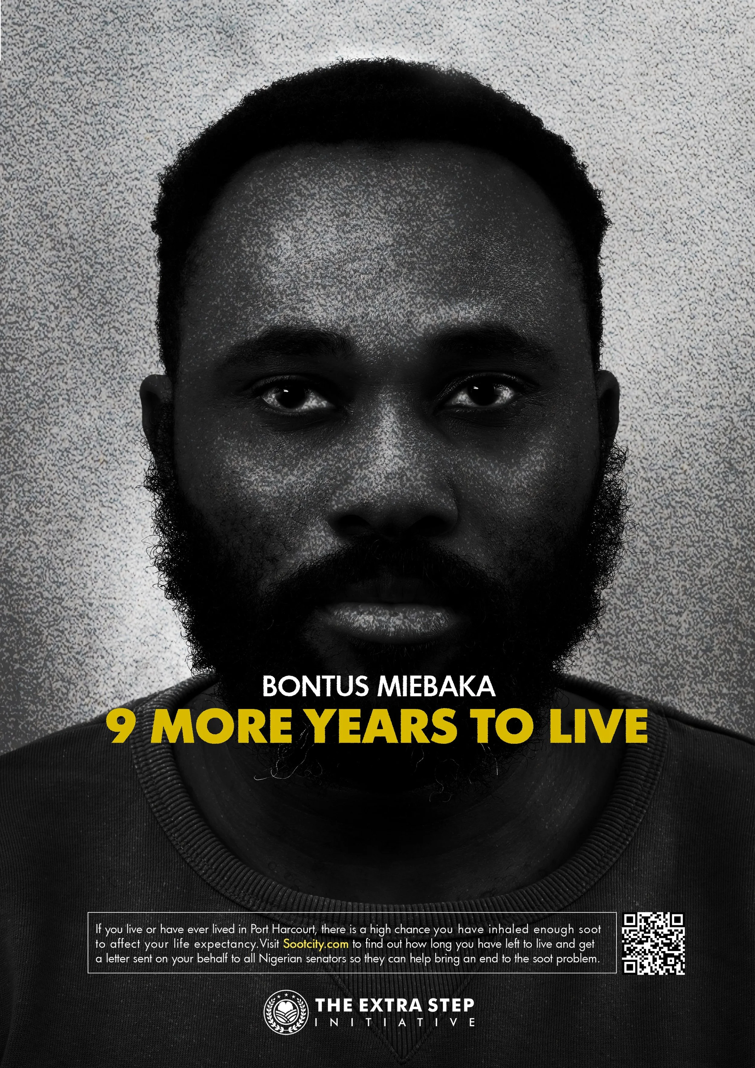 A black and white close-up photo of a man's face with dark skin, full beard, mustache, and short hair. Text on the image reads, 'Bontus Miebaka, 9 More Years To Live.' Cannes Lions Winner.