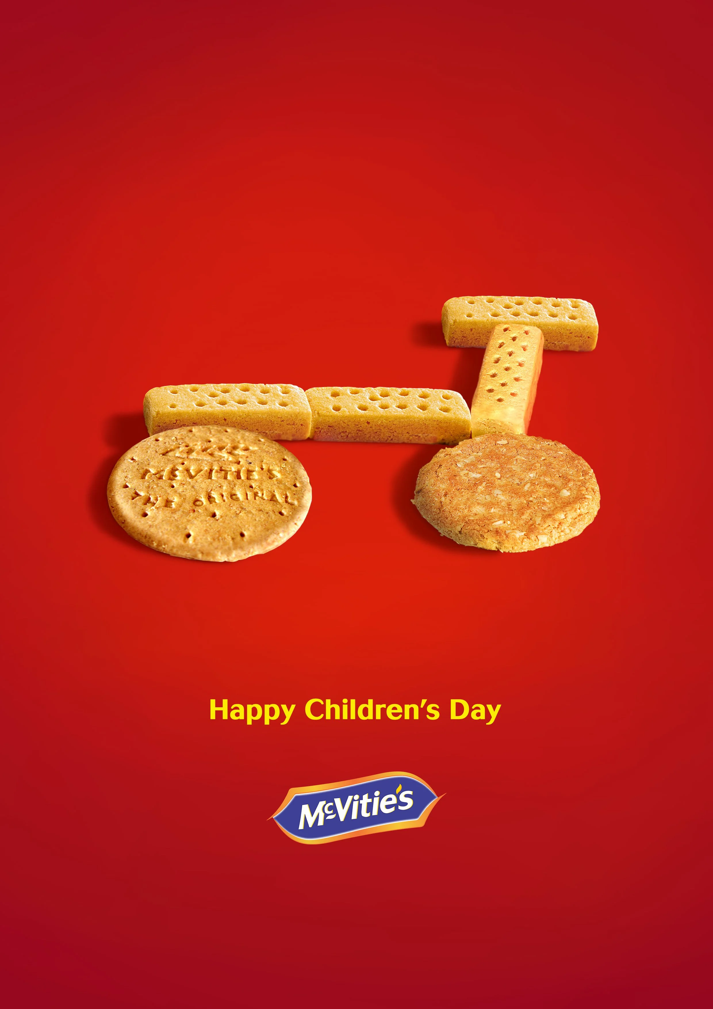 A red background with five cookies: one round cookie with embossed text, two rectangular cookies with holes on top, a longer rectangular cookie with holes, and a round cookie with a textured surface. Text at the bottom reads "Happy Children's Day" an