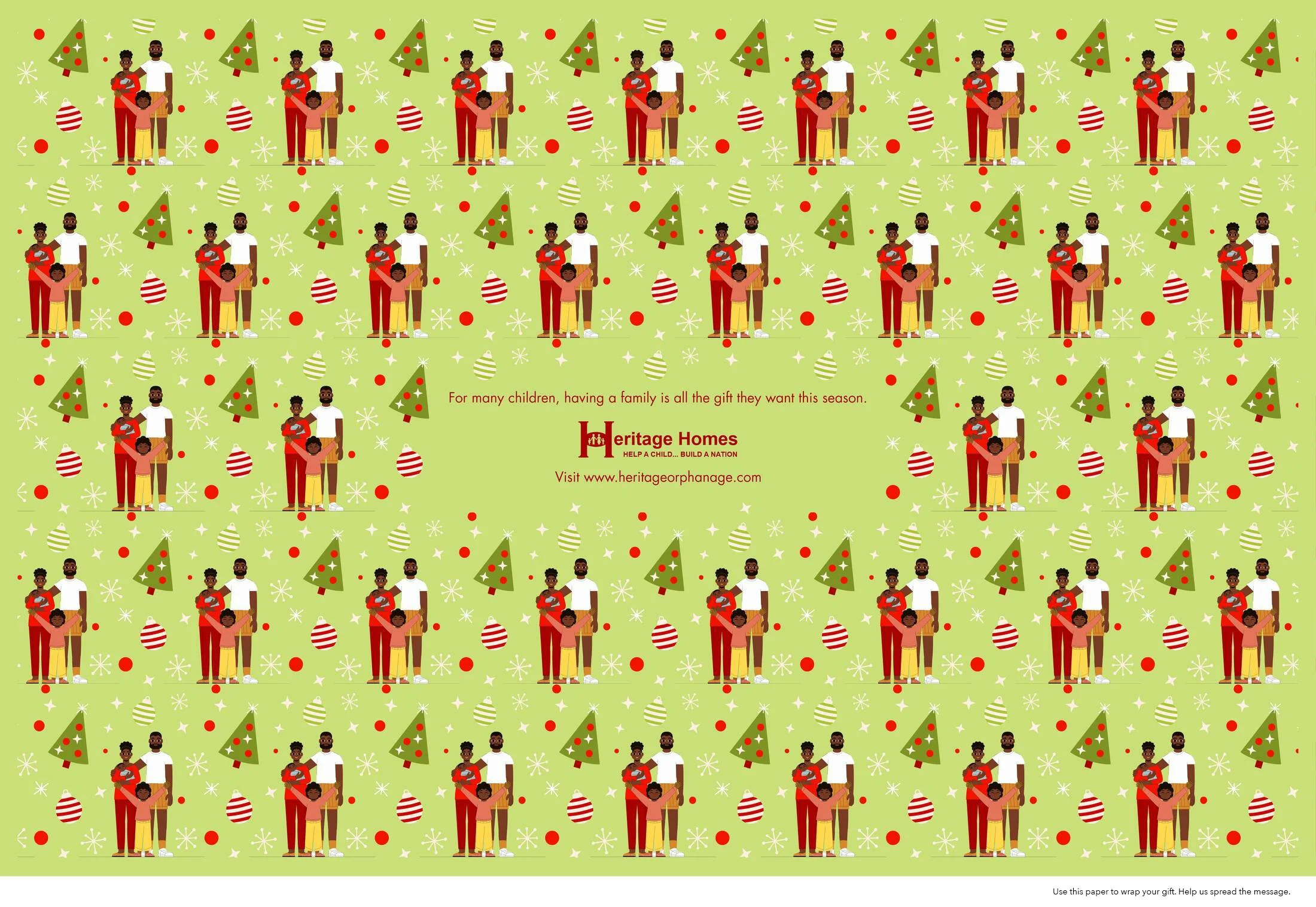 Pattern featuring family members, Christmas trees, ornaments, and snowflakes on a green background, with a message promoting family and charity at the bottom.