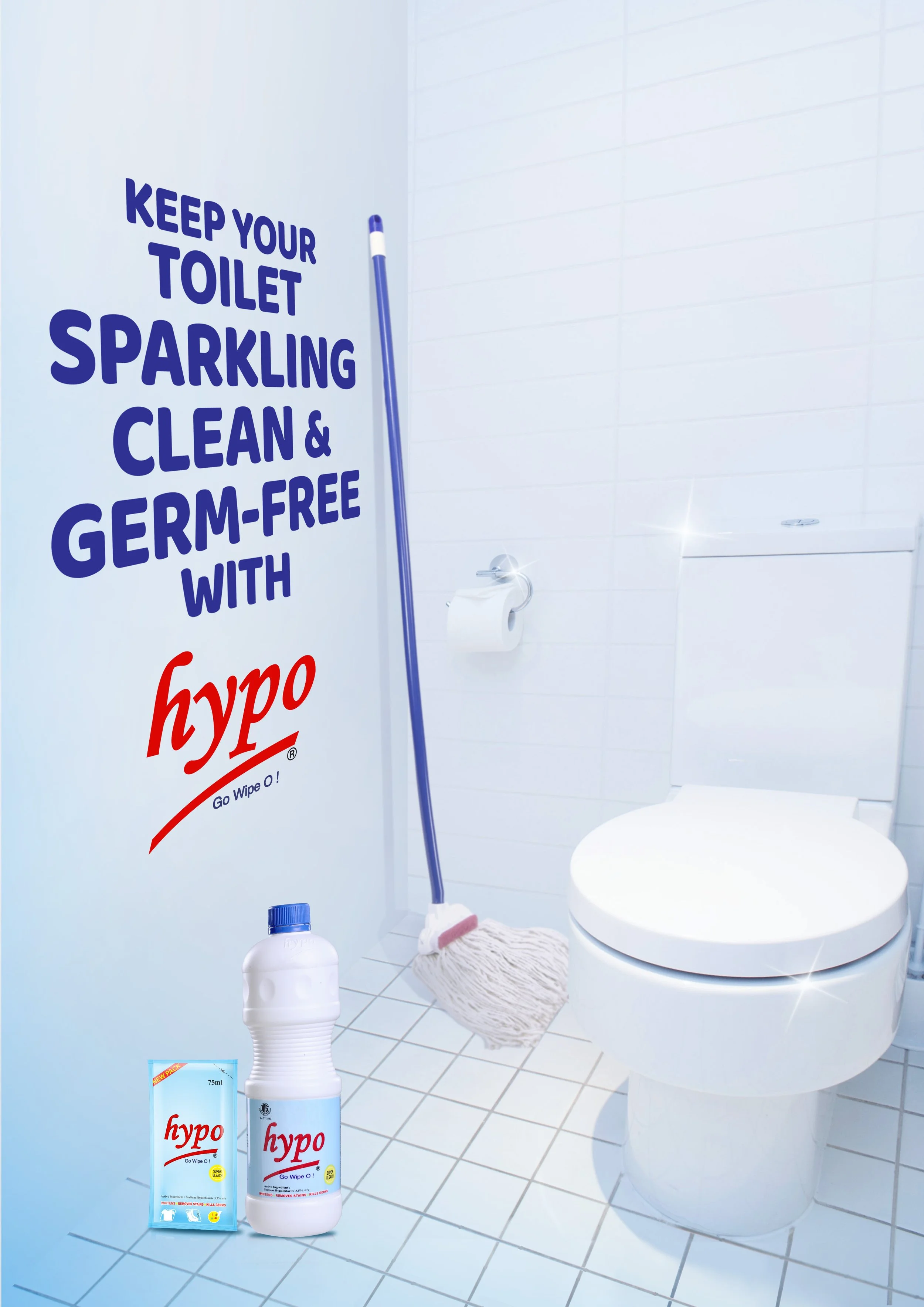 Cleaning supplies in a bathroom, including a mop, a bottle of hypo disinfectant cleaner, and a box of hypo disinfectant wipes in front of a white toilet and a white tiled wall with a toilet paper holder.