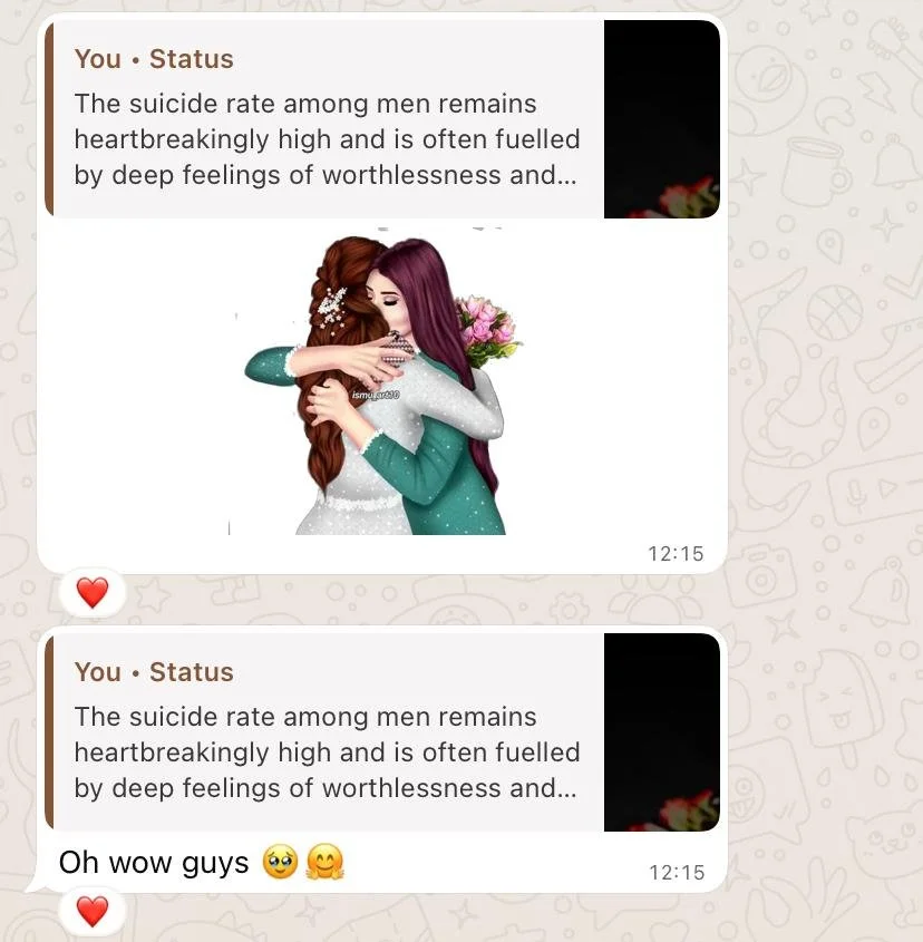 Screenshot of a WhatsApp chat with a message about mental health, showing an emoji of a heart, a photo of two women hugging, and a follow-up message with emojis of a sad face and a smiling face, and a red heart emoji.