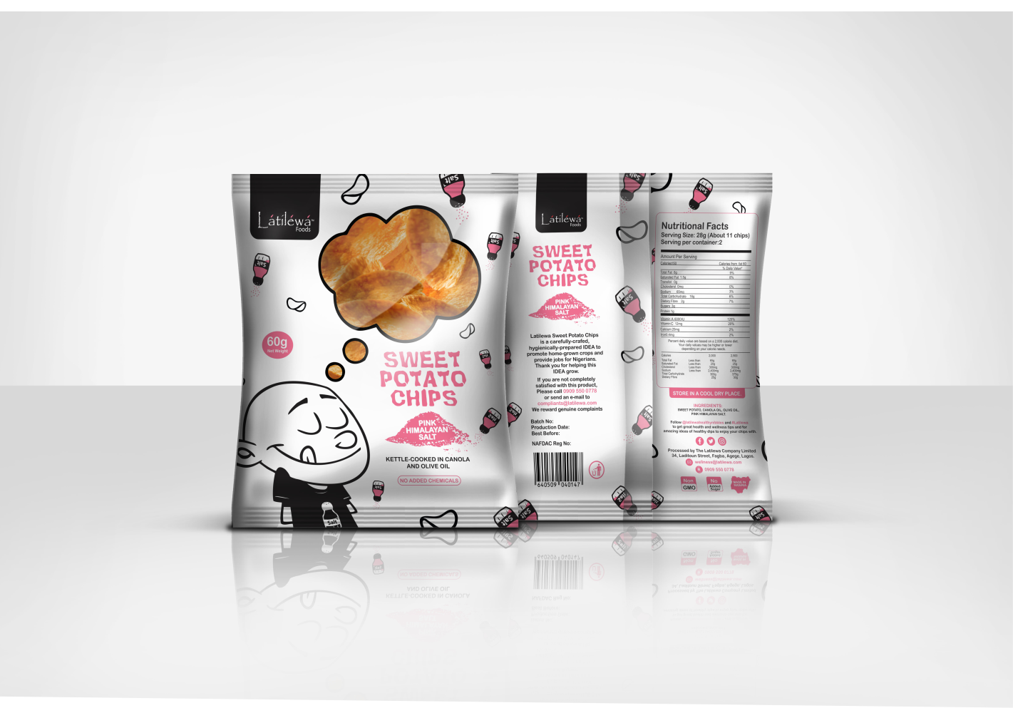 Yellow bag of Látilewa small sweet potato chips with pink Himalayan salt, decorated with small illustrations of salt shakers and chips on a white background.
