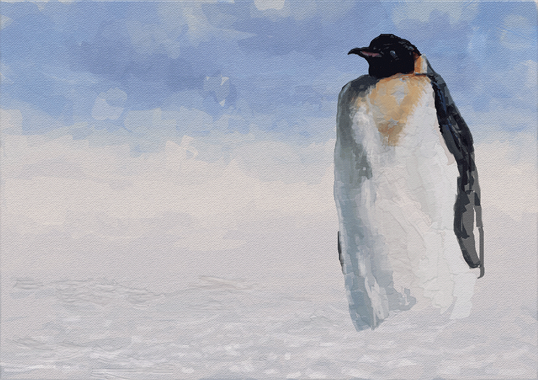 Painting of a penguin standing on snow with a cloudy sky background. Best Art Director in Nigeria.