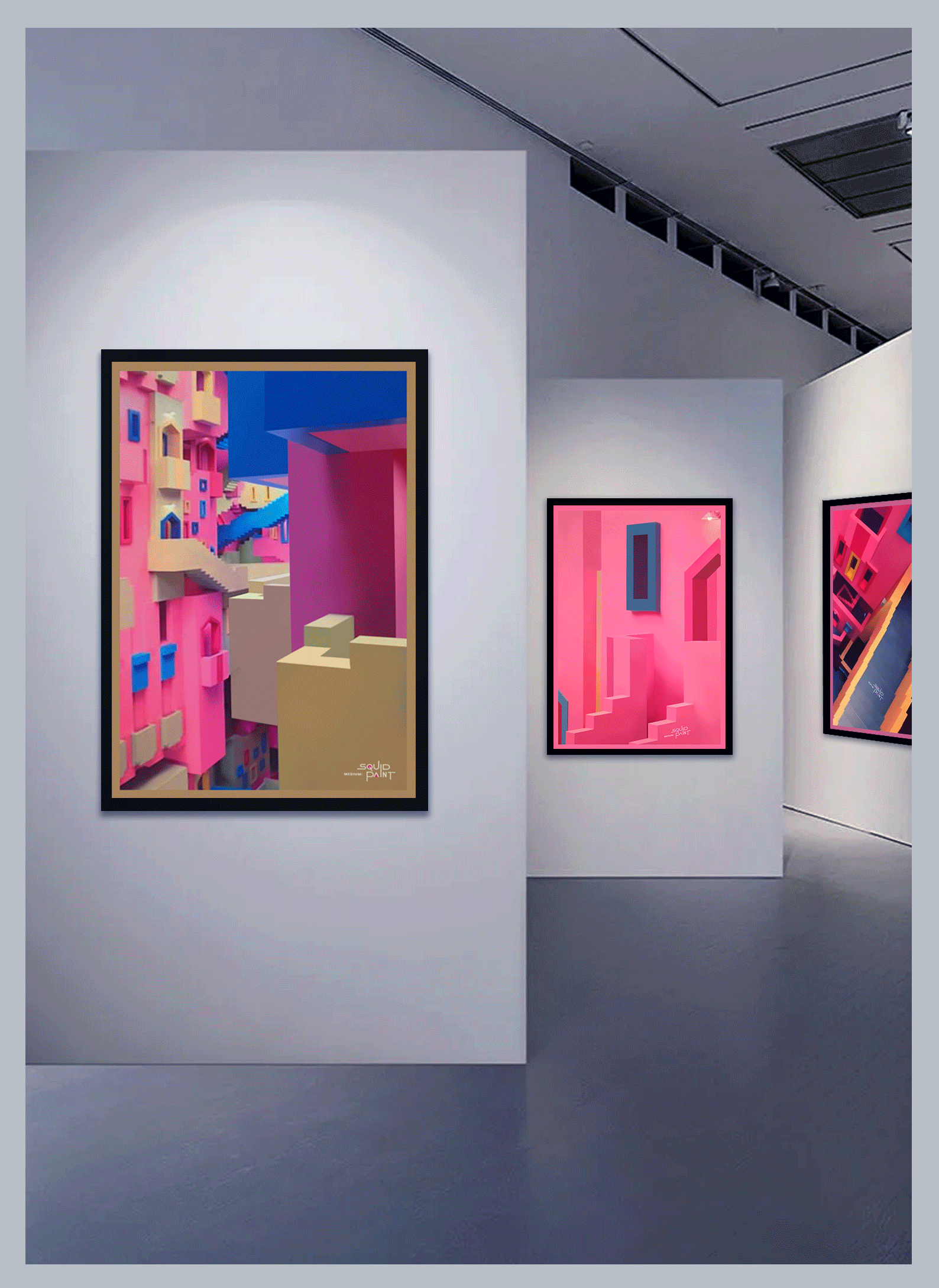 Art gallery with three colorful abstract paintings on white walls in a gray room with a dark ceiling. Campaign for Squid Game.
