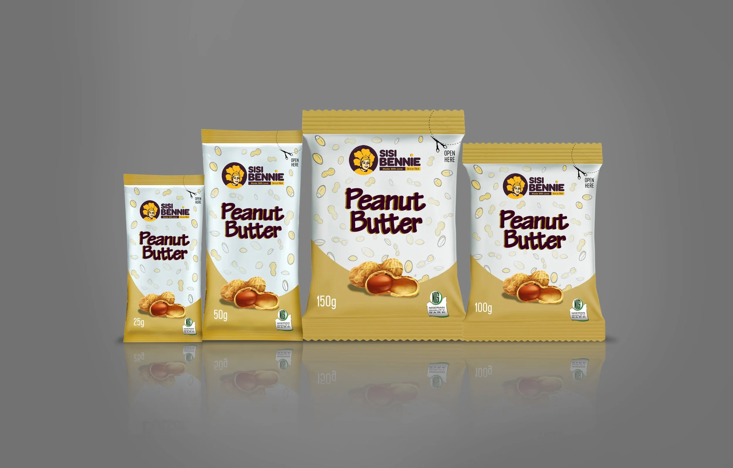 Four packets of Sisi Bennie peanut butter in different sizes arranged side by side against a gray background.