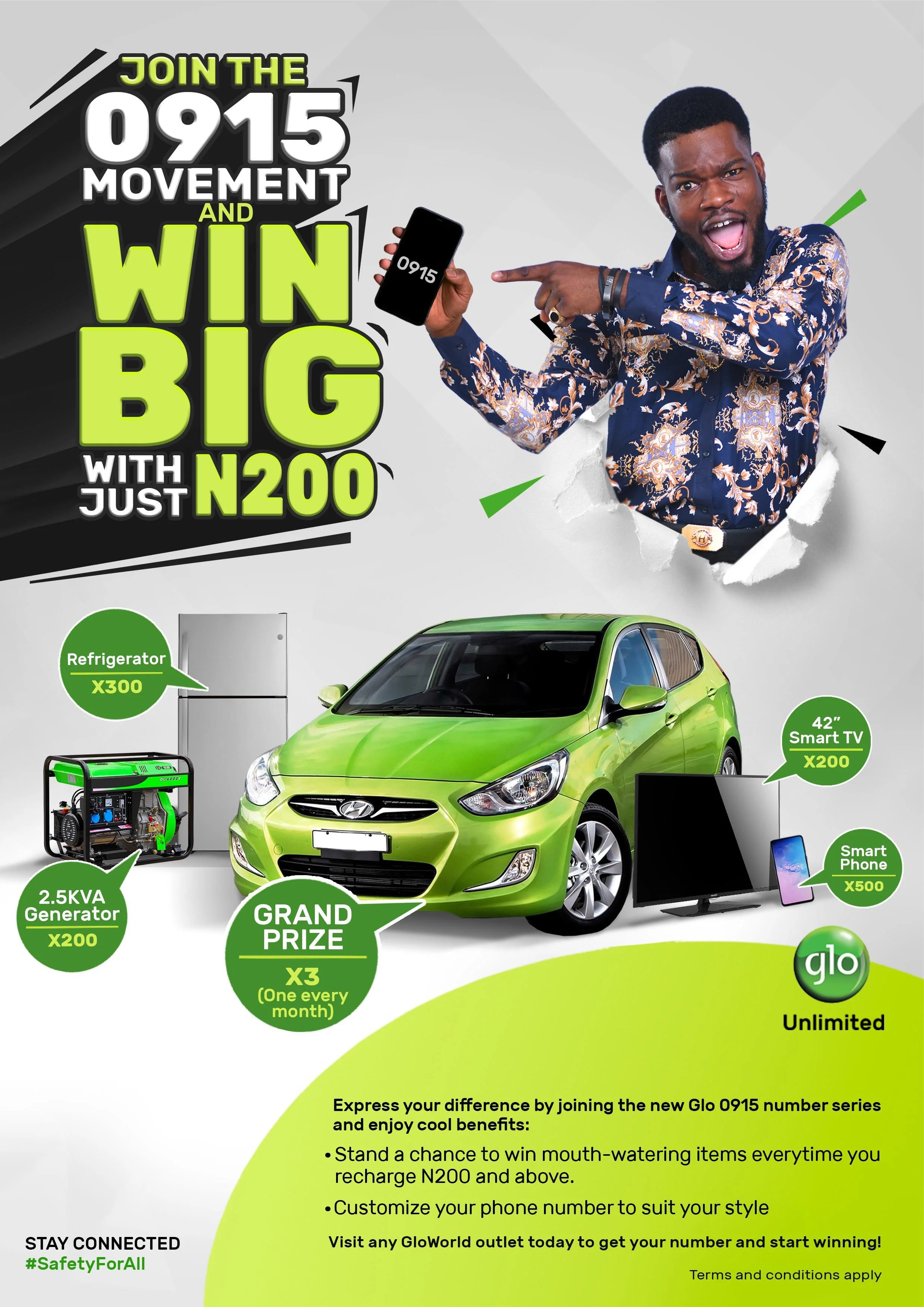 Promotional flyer for the Glo 0915 mobile number series, featuring a man pointing to a phone displaying the number 0915, a green car, and various prizes including a refrigerator, generator, smart TV, and smartphone, with text encouraging joining the 
