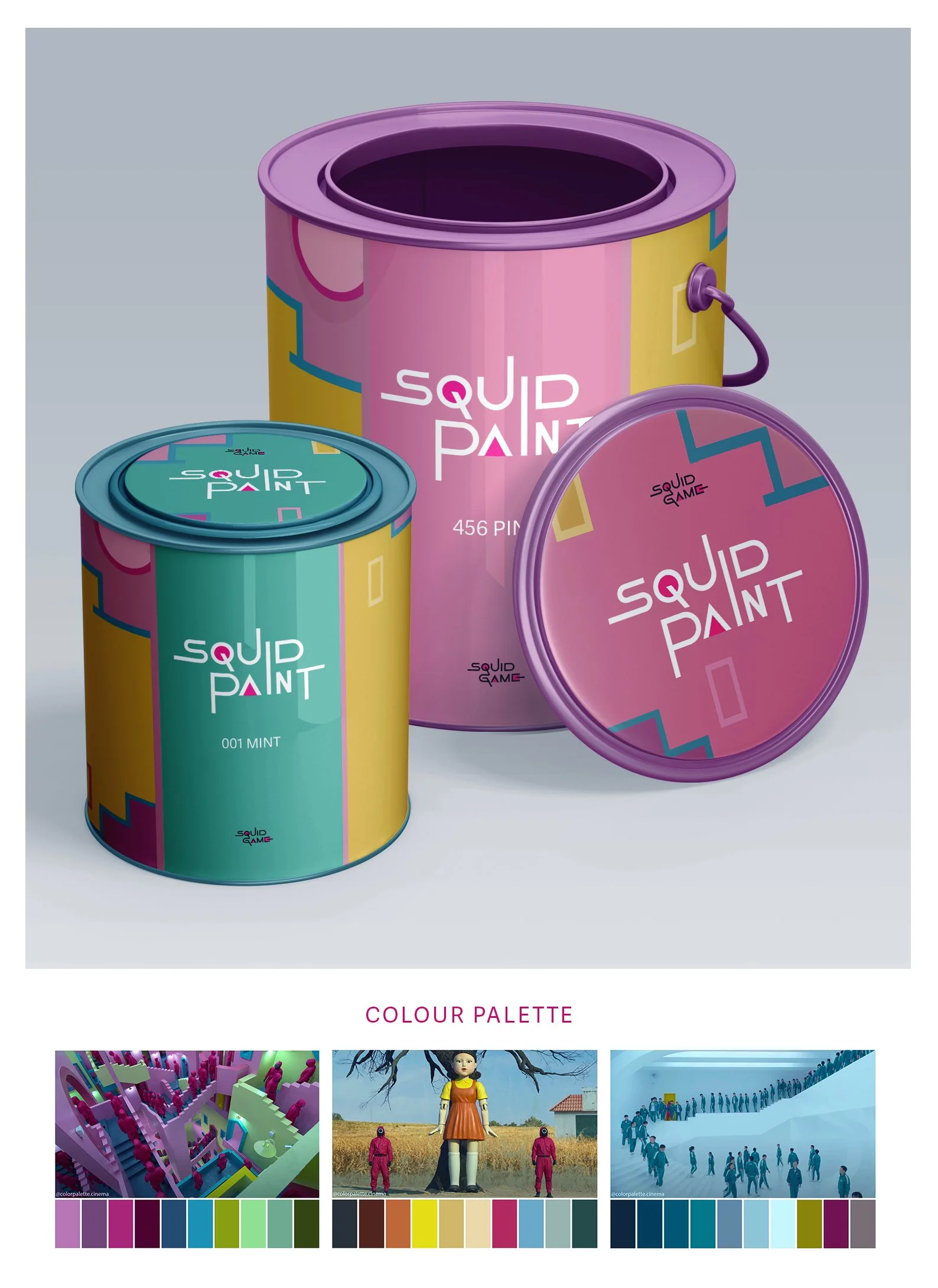 Color palette featuring a container of paint labeled 'Squid Paint' in shades of purple, pink, yellow, and teal, with color swatches below the images.