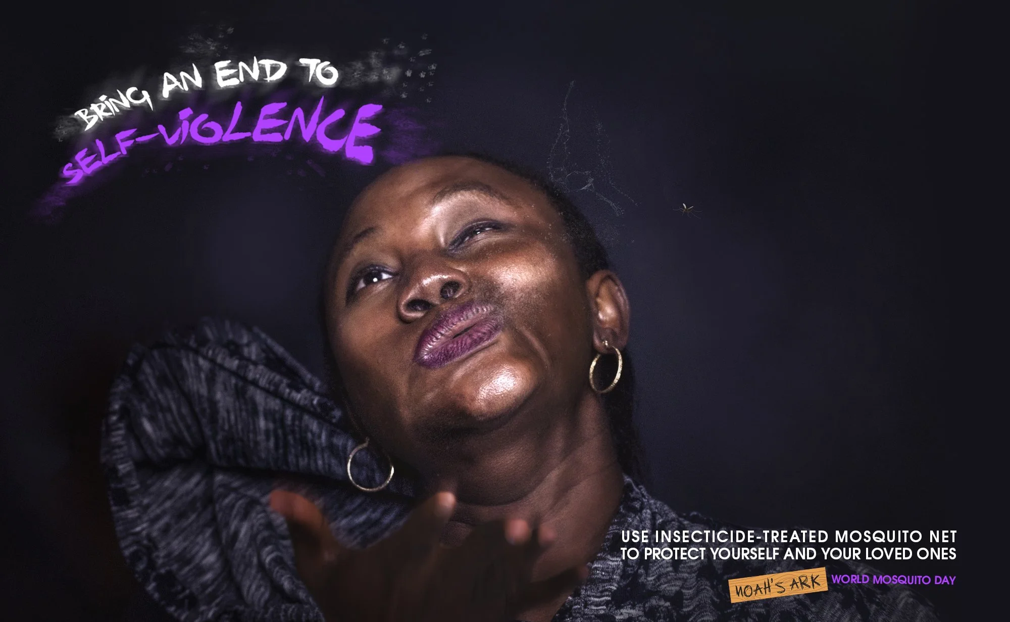 A woman with dark skin and earrings lying on her back, looking upwards. Text overlay in purple and white reads, 'Bring an end to self-violence.' Smaller text advises using insecticide-treated mosquito net to protect oneself and loved ones, with a note about World Mosquito Day.