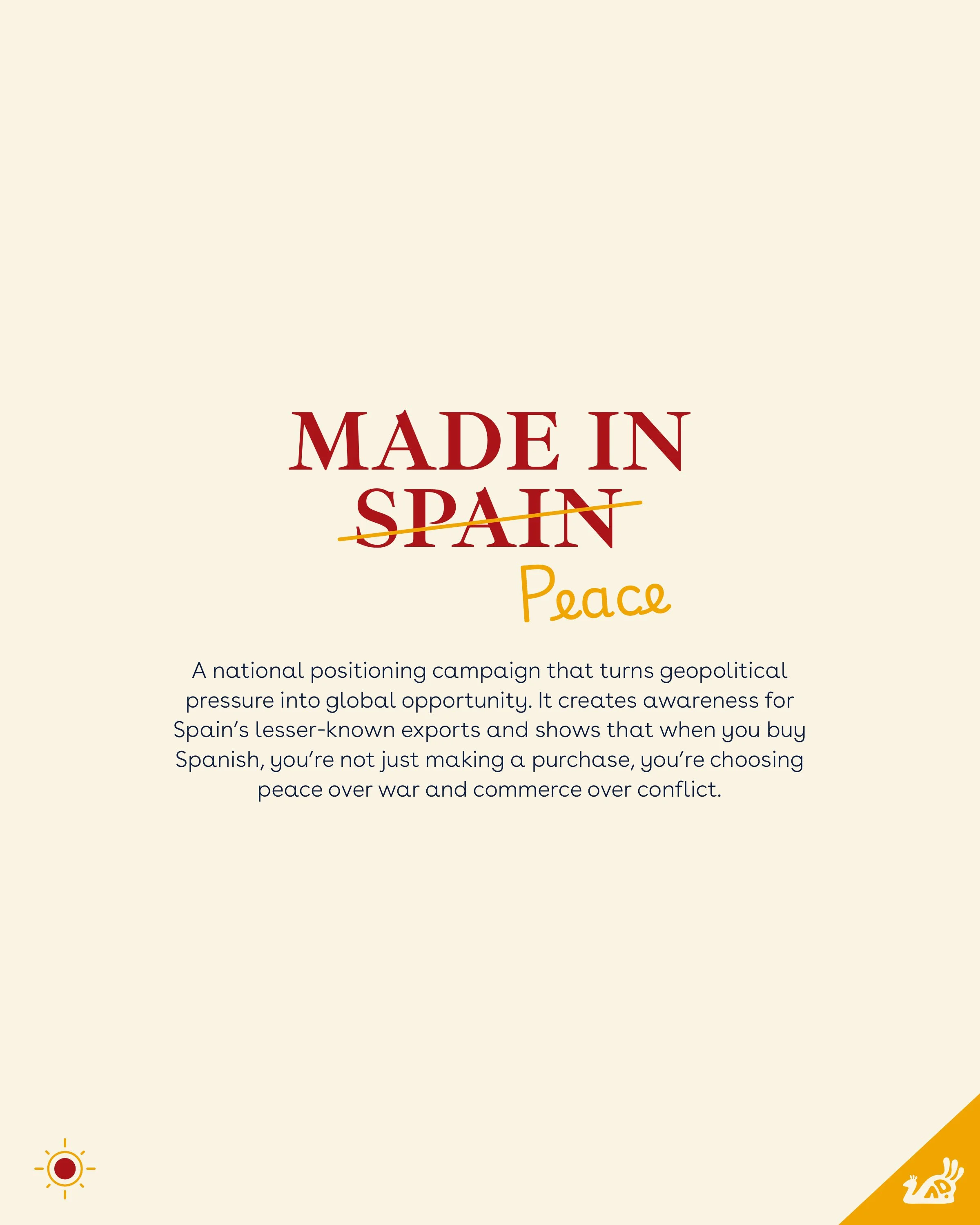 Text on a beige background promoting a campaign called Peace that highlights Spain's lesser-known exports, emphasizing peace over war and conflict.