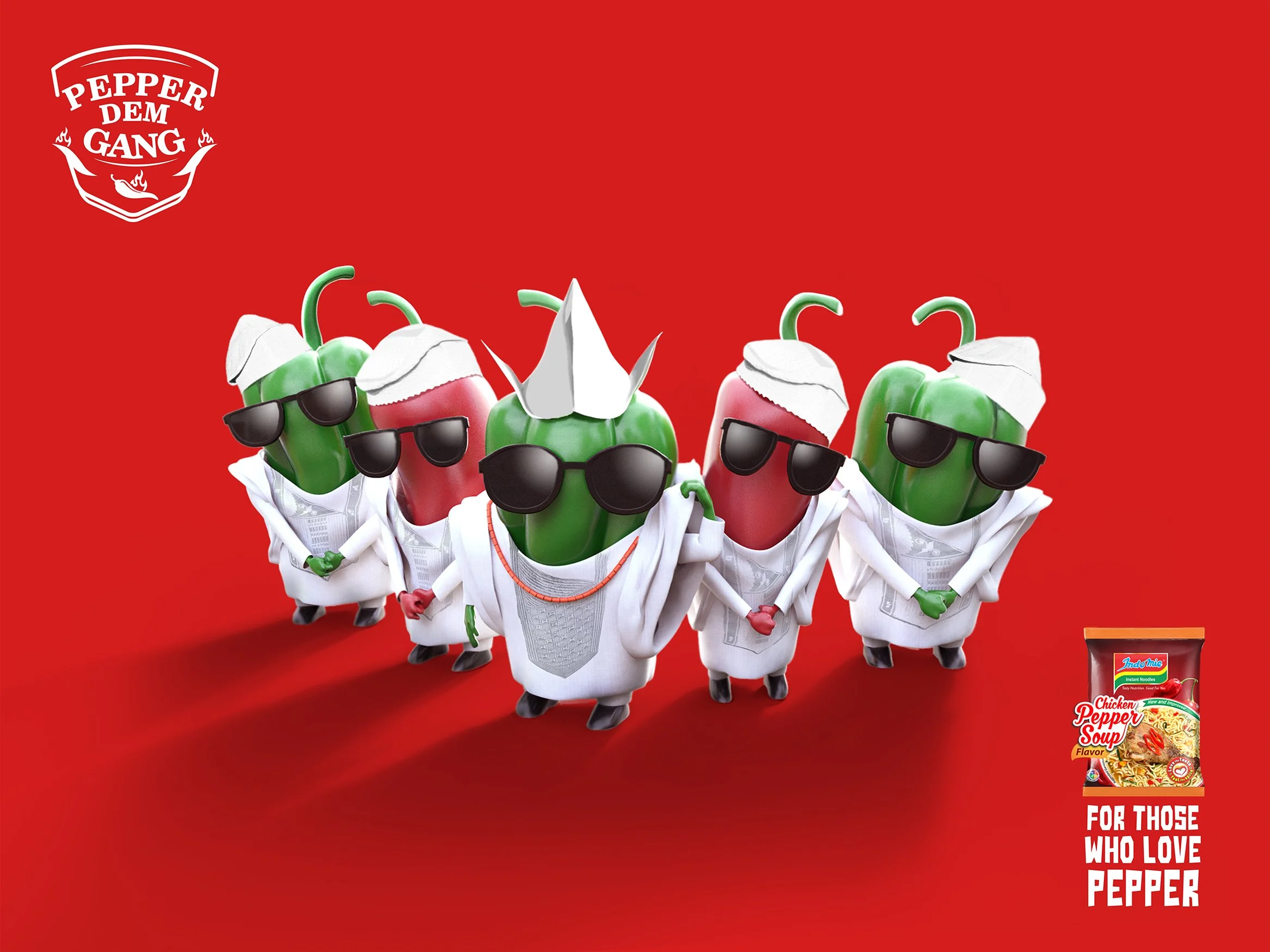 Multiple cartoon peppers wearing sunglasses and white chef uniforms, standing against a red background. A small bag of instant noodles and a packet of chicken pepper soup flavor are visible in the lower right corner.