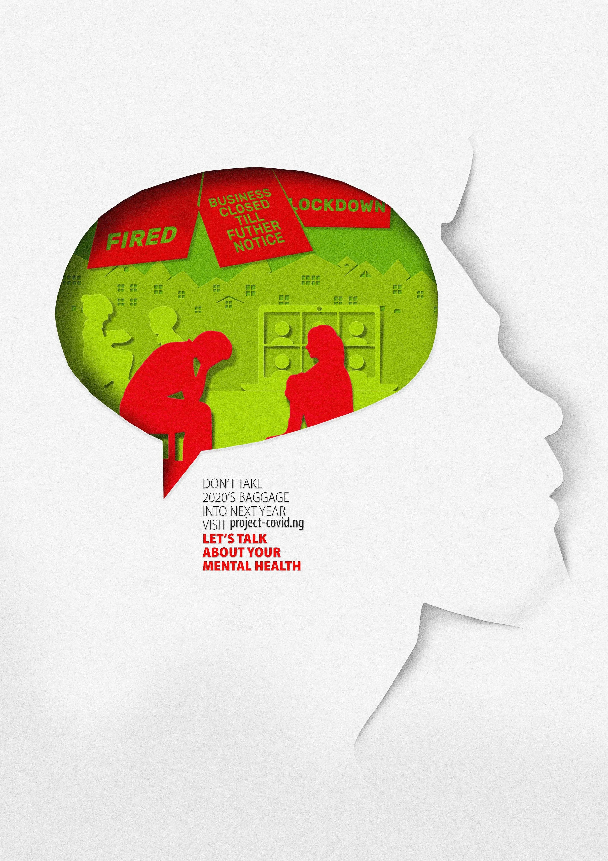Silhouette of a person's face in profile with a speech bubble containing a green and red graphic related to mental health awareness, including silhouettes of people, houses, and text urging to talk about mental health.