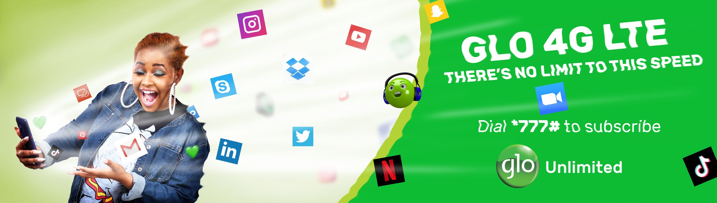 A woman smiling and looking at her phone, surrounded by floating app icons including Instagram, YouTube, Dropbox, LinkedIn, TikTok, and Netflix, with a green background promoting GLO 4G LTE unlimited data service.