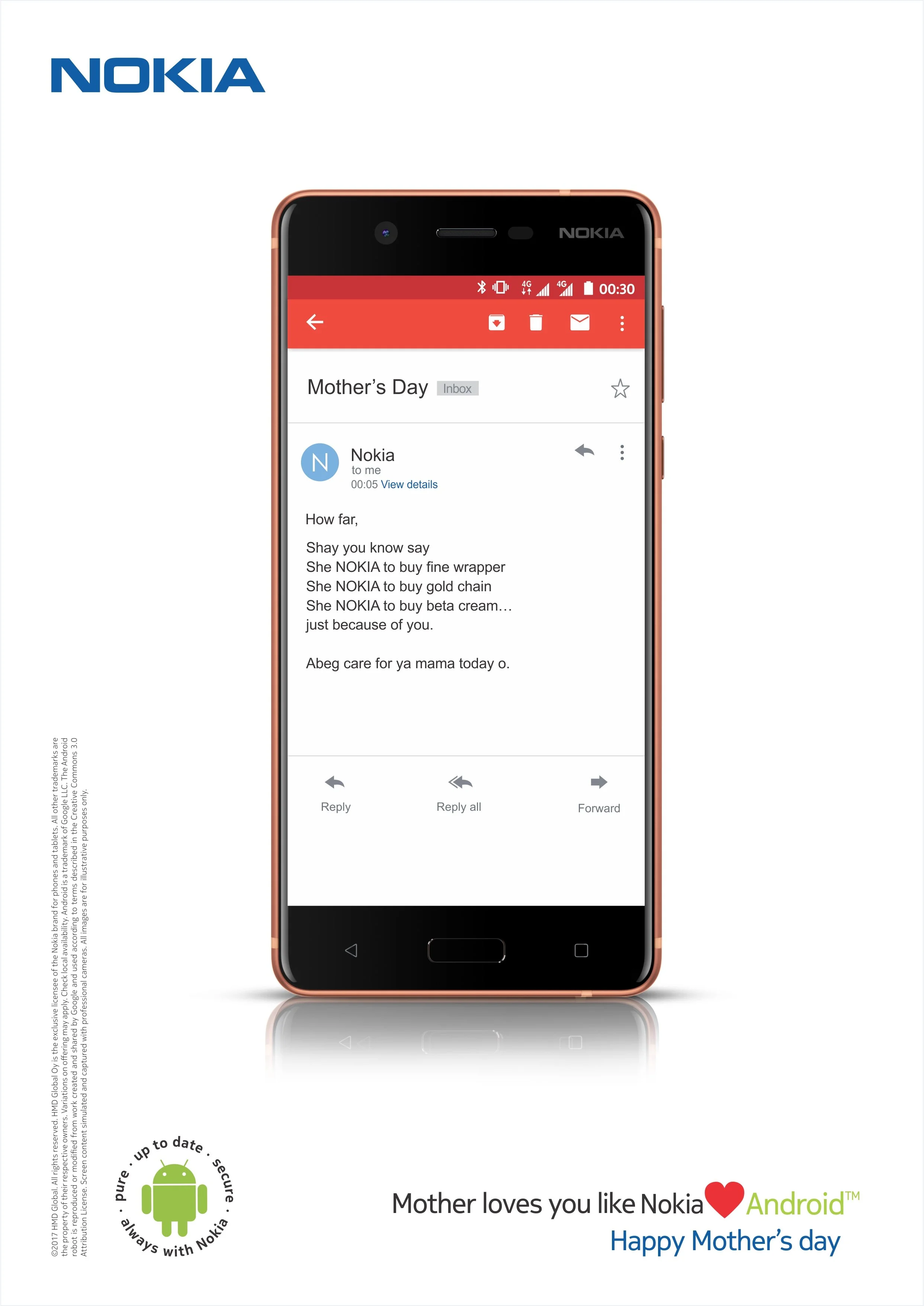 Mother's Day greeting with a Nokia smartphone displaying an email, and a message reading "Mother loves you like Nokia" with a red heart, Android logo, and "Happy Mother’s Day" text.