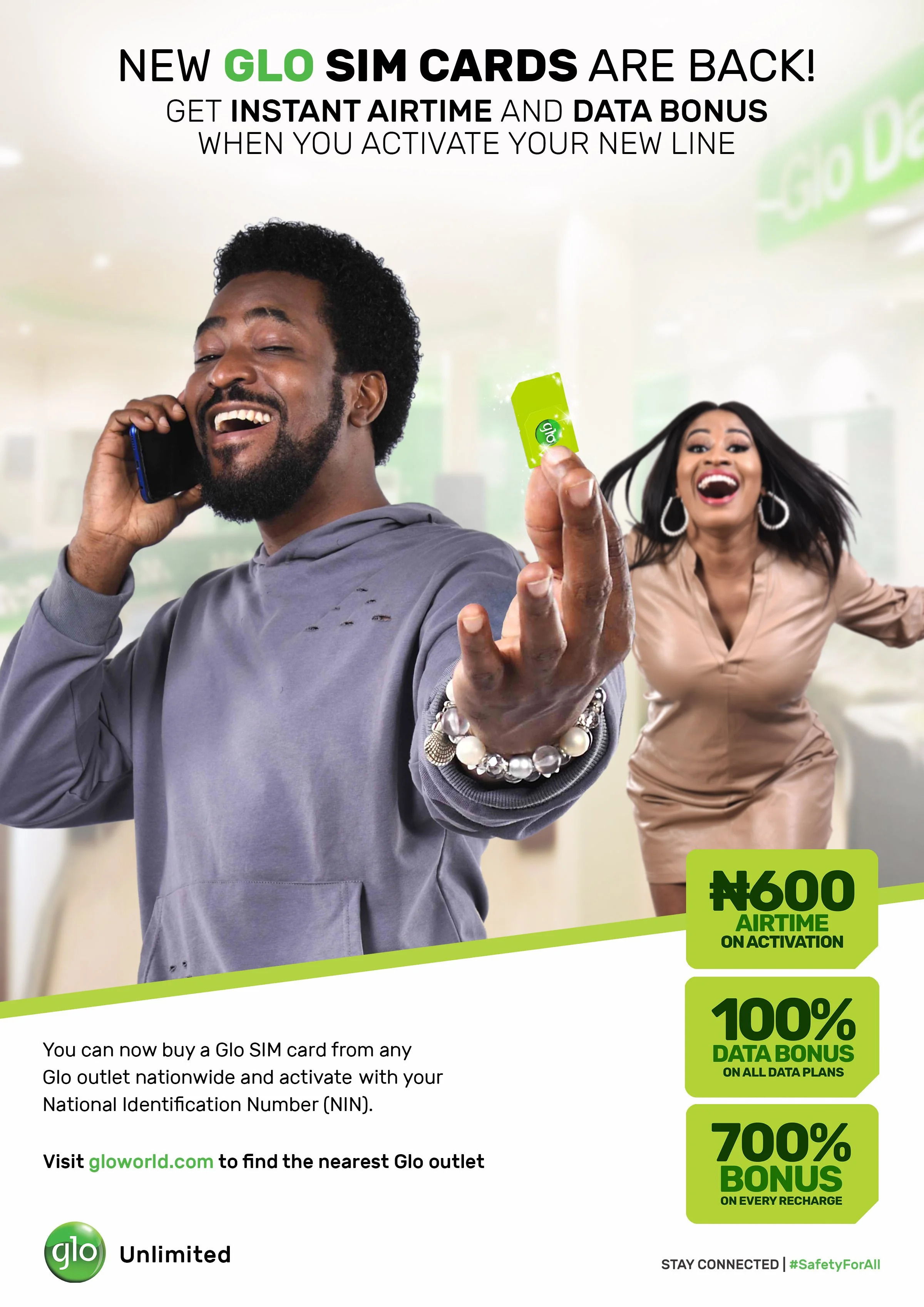 Advertisement for Glo SIM cards, showing a man holding a green Glo SIM card and talking on his phone, with a woman in the background smiling. Text highlights the benefits of Glo's airtime, data bonus, and recharge bonuses.