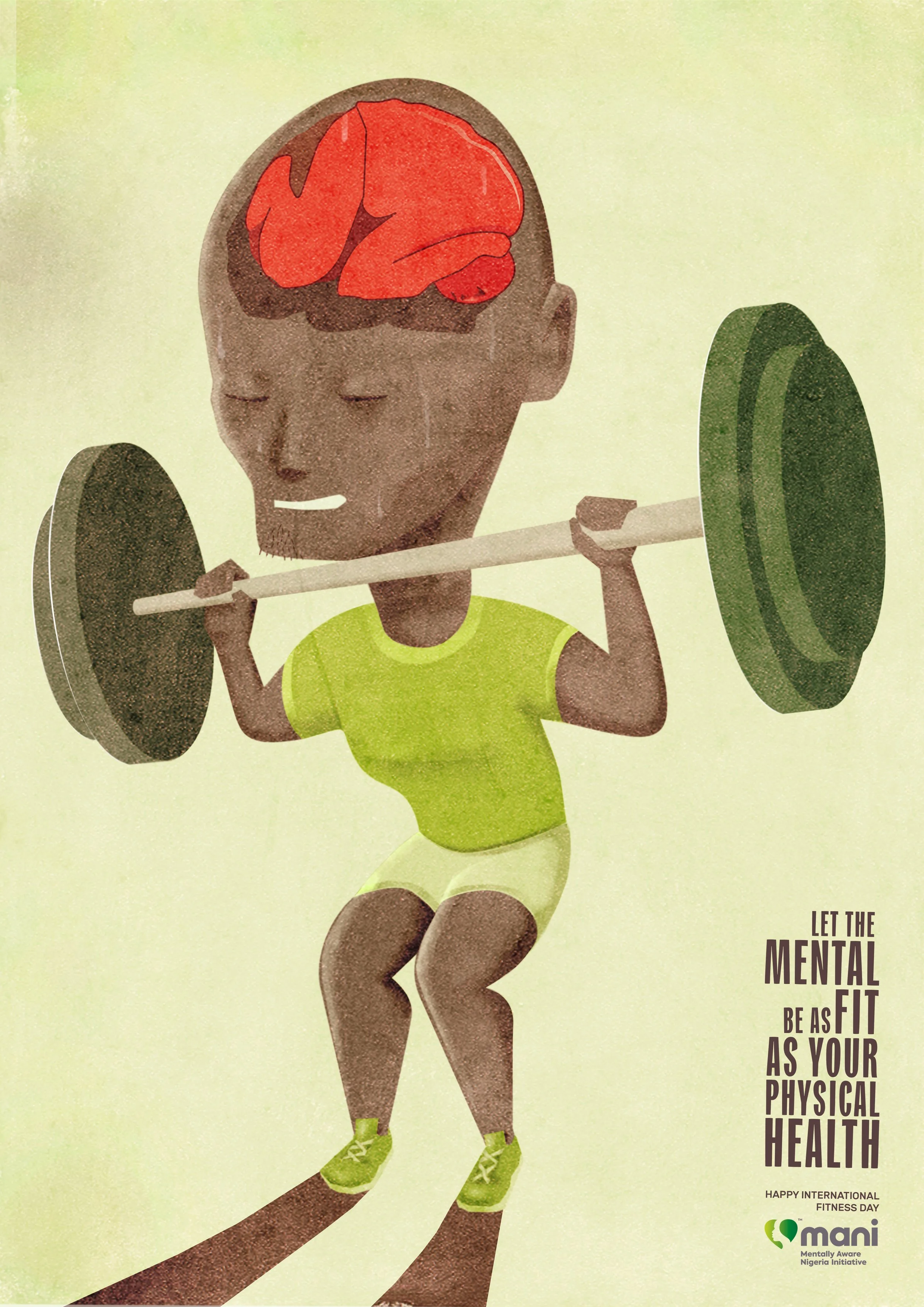 Illustration of a person lifting a barbell, with a brain on top of their head, symbolizing mental and physical health connection. The person is smiling, wearing green fitness attire, and the background is light green. Text on the right reads, "Let th