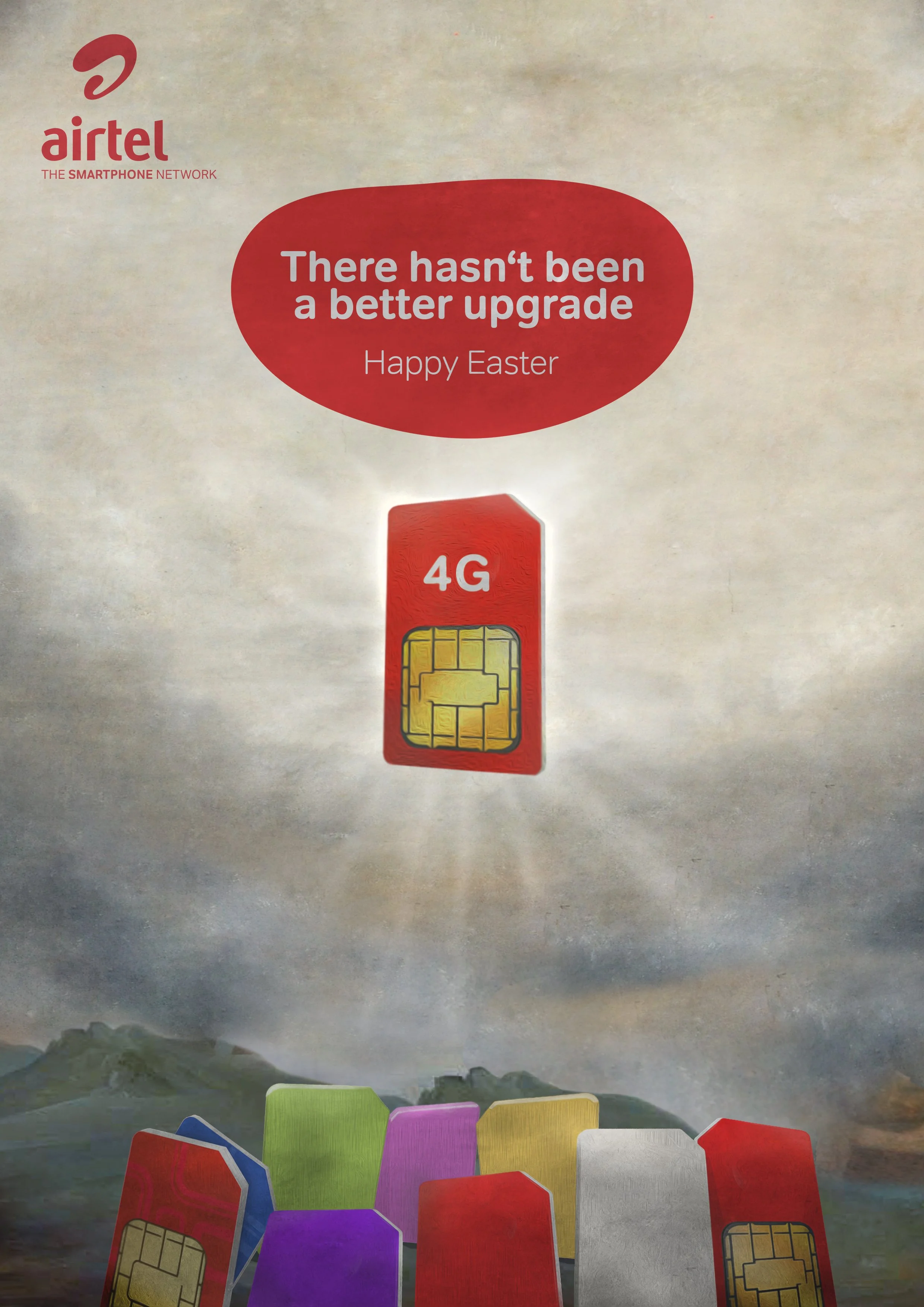 A motivational advertisement from Airtel, featuring a red speech bubble with the message 'There hasn't been a better upgrade. Happy Easter.' Below the speech bubble are colorful SIM cards arranged in a semi-circle, with a background depicting mountai