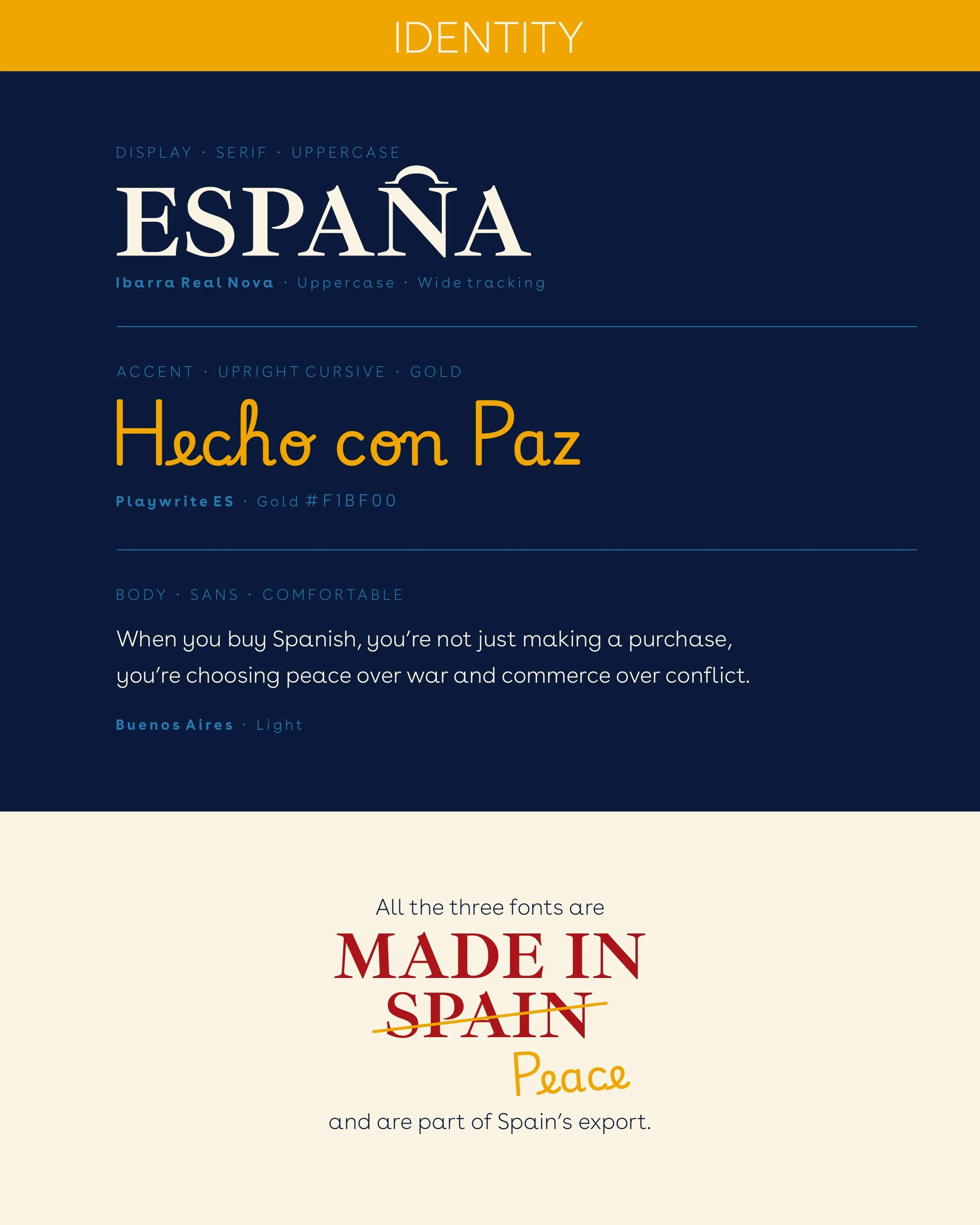A graphic design showcasing different fonts and their characteristics, with a section titled 'IDENTITY' at the top, and the phrase 'Hecho con Paz' written in yellow cursive font. The background has multiple color blocks, including dark blue, light beige, and red, with the phrase 'MADE IN SPAIN' prominently displayed in red and yellow.