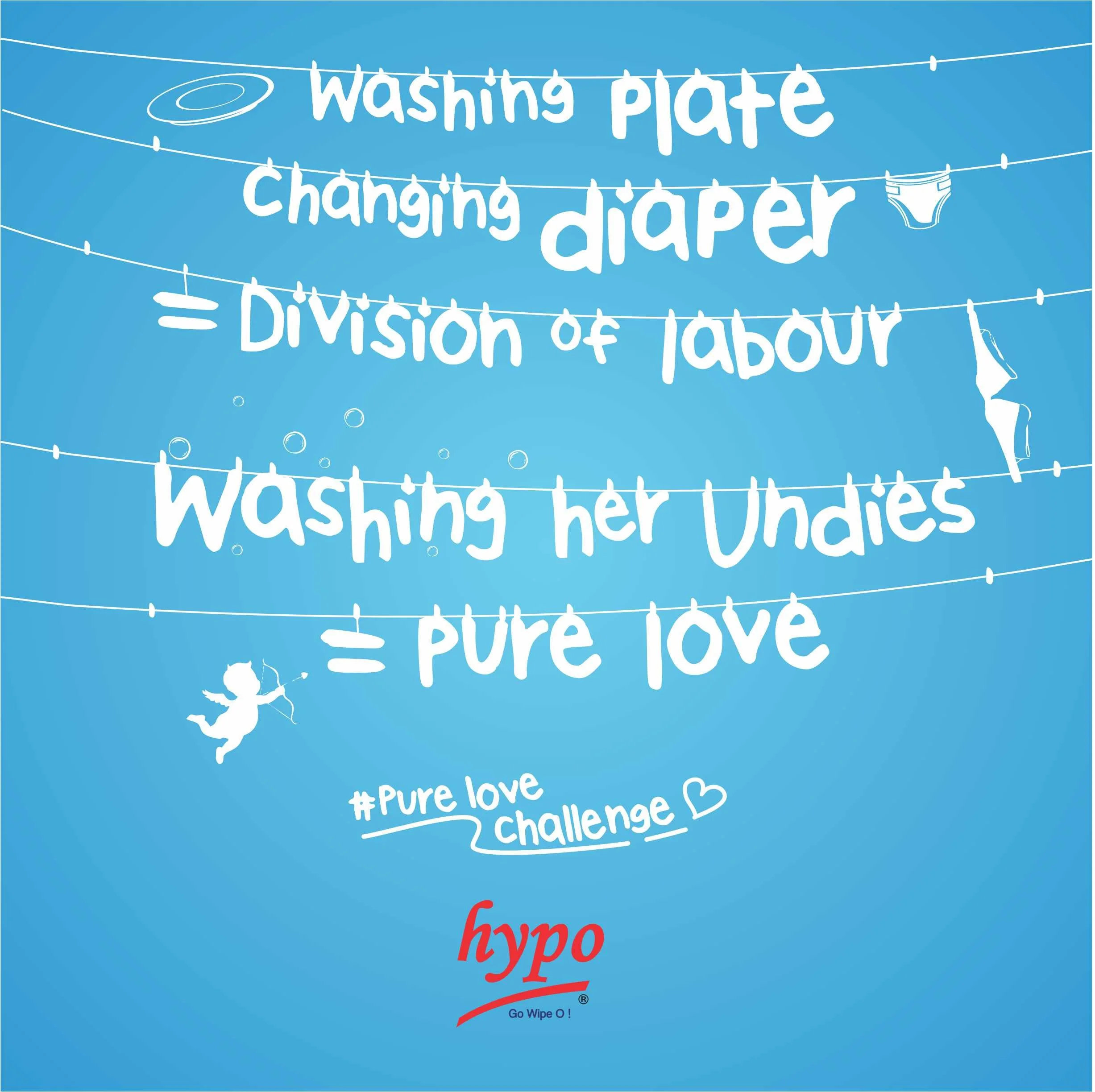 Blue background with white text and illustrations of laundry lines, a diaper, a cherub, and a heart. The text includes phrases like 'washing platter,' 'changing diaper,' 'division of labour,' and hashtags like '#Pure love' and '#Pure love challenge.'