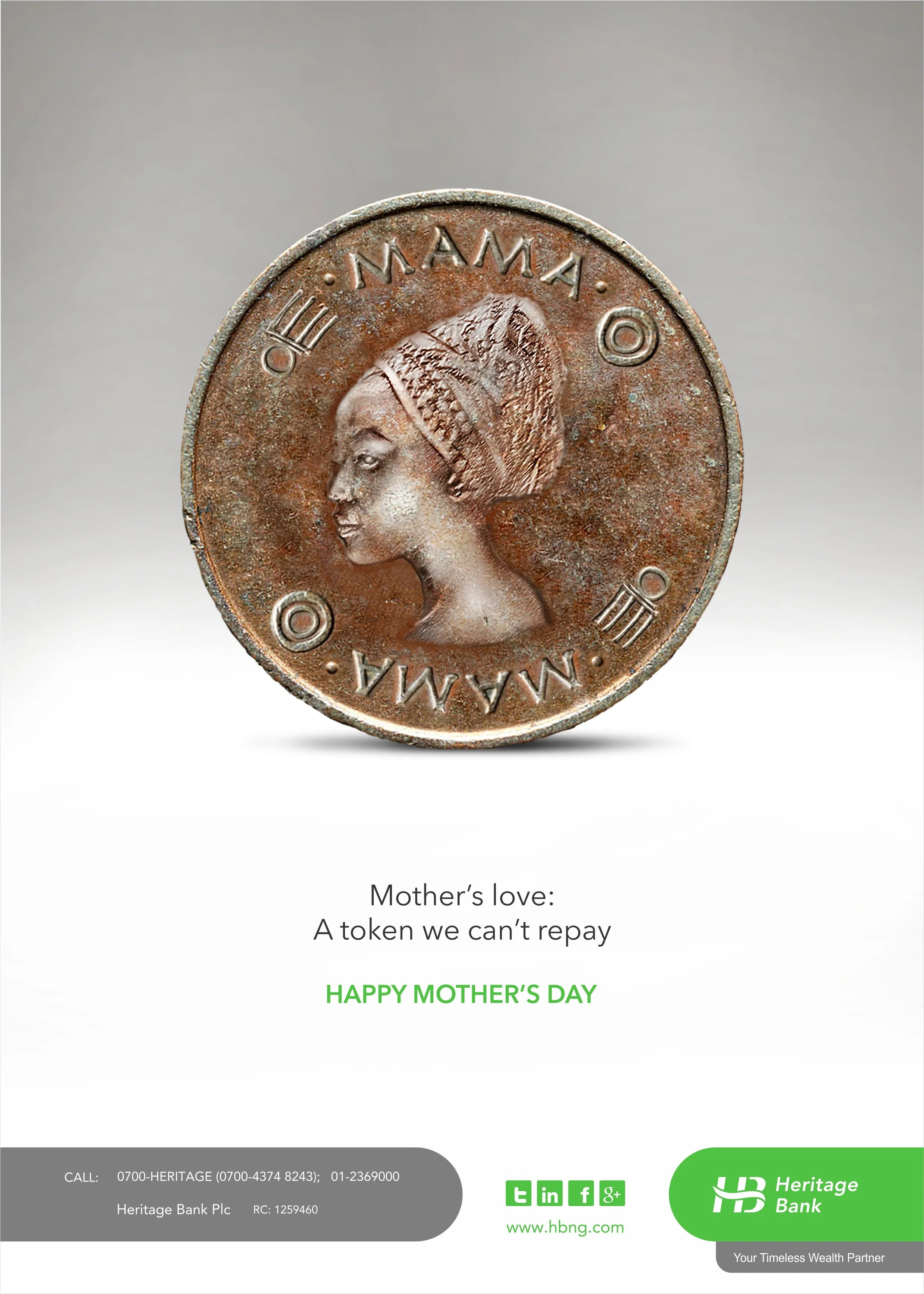 A close-up of a rusty copper coin featuring a profile of a woman wearing a traditional headscarf, with Greek letters encircling her. Below the coin, text reads, 'Mother's love: A token we can't repay.' The image appears to be part of a Mother's Day a