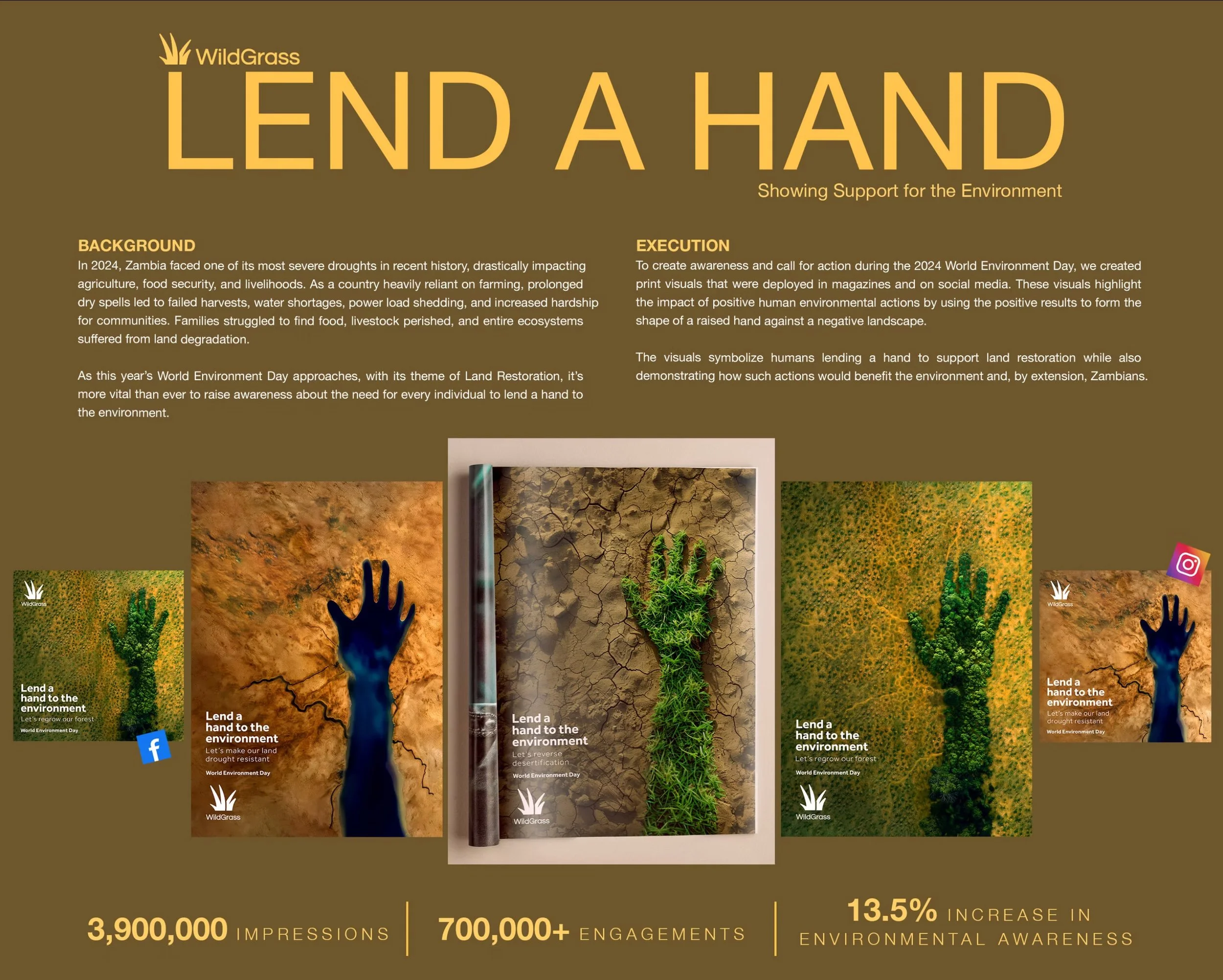 Digital infographic promoting environmental awareness during World Environment Day, featuring various images of land and ecosystems with messages encouraging people to support the environment by lending a hand, including statistics on impressions and engagements.