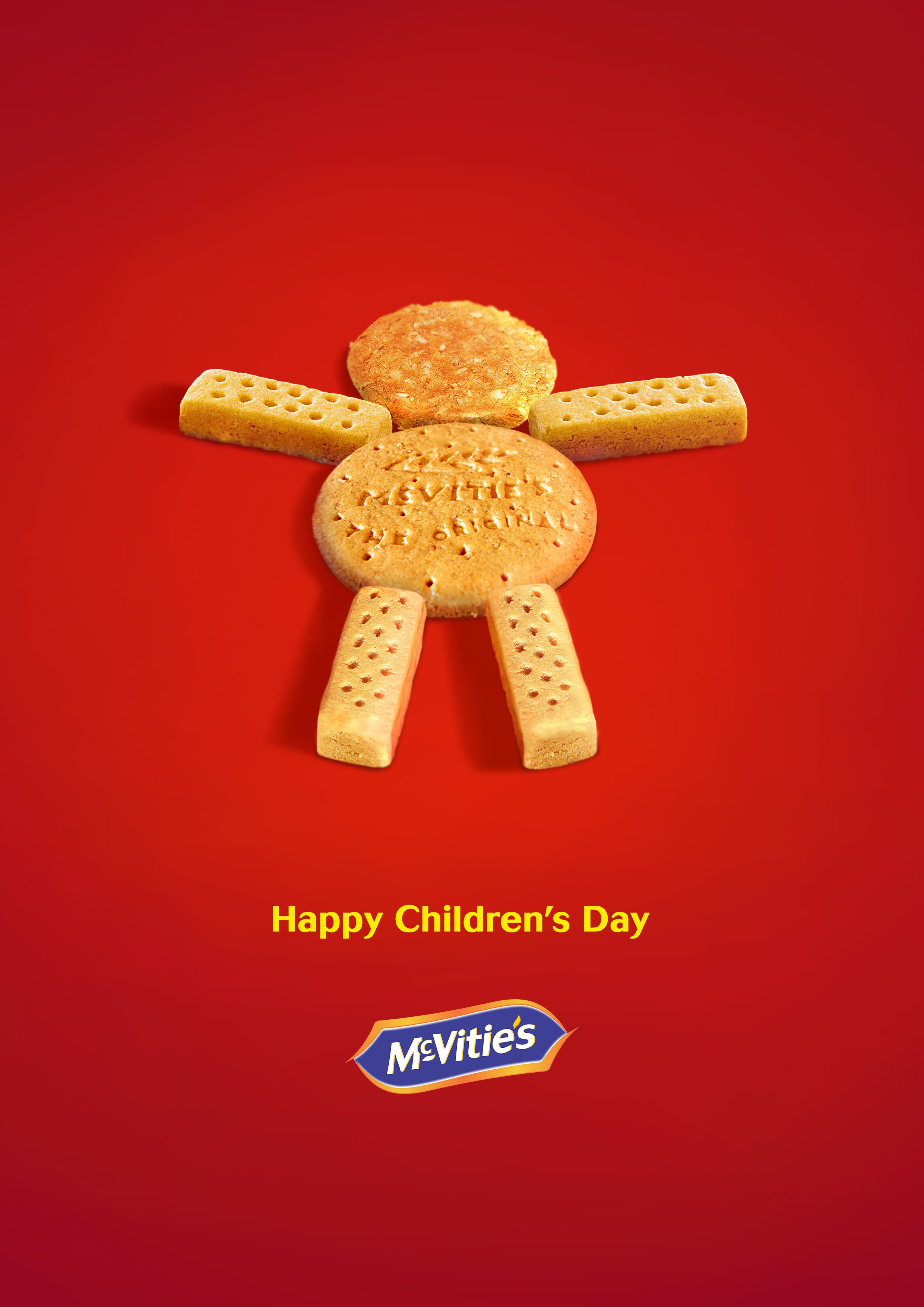 Children's Day greeting card featuring an arrangement of cookies on a red background with the text 'Happy Children's Day' and the McVitie's logo.