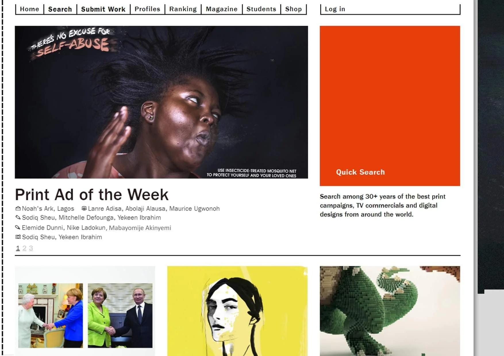 Screenshot of a website featuring a black woman with her hair flying outward and a caption that says 'There's no excuse for self-abuse.' The website has a navigation menu at the top with links to Home, Search, Submit Work, Profiles, Ranking, Magazine, Students, Shop, and Log in. Below the main image, there is a section titled 'Print Ad of the Week' with names of photographers and a brief description of the content, along with thumbnails of other images.