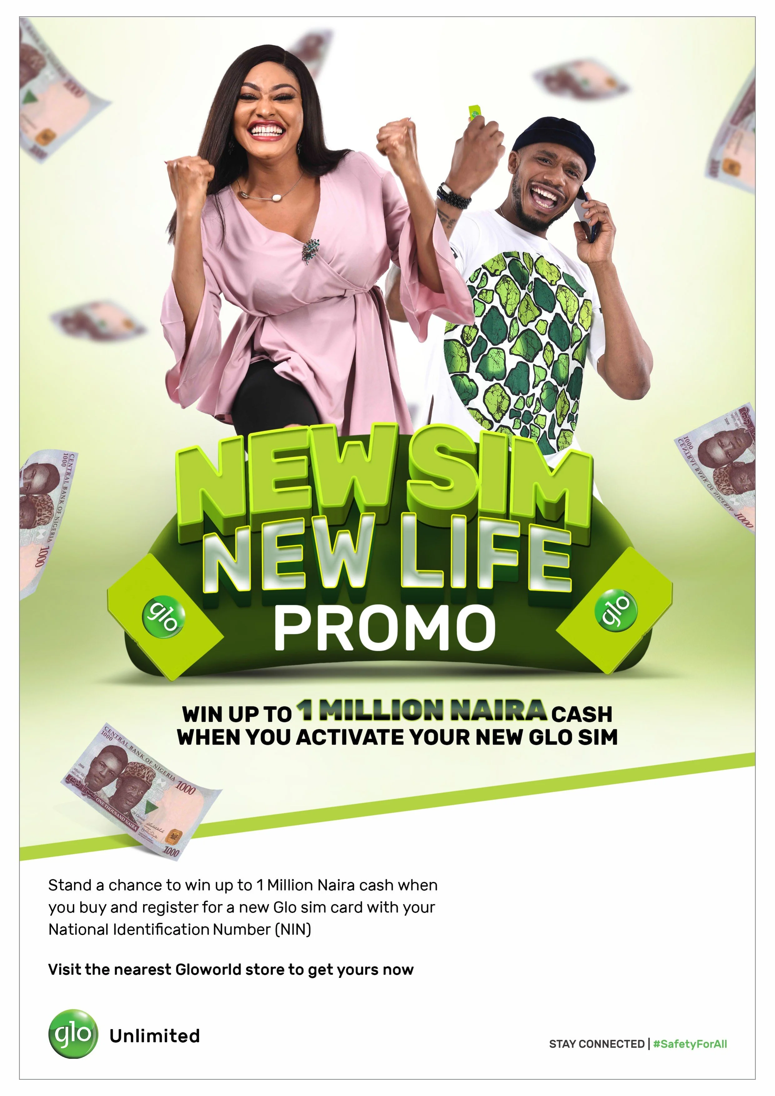 A promotional flyer with a woman and a man celebrating, surrounded by fake Nigerian currency notes and a green Glo logo. The flyer advertises a chance to win up to 1 million Naira by activating a new Glo SIM card.