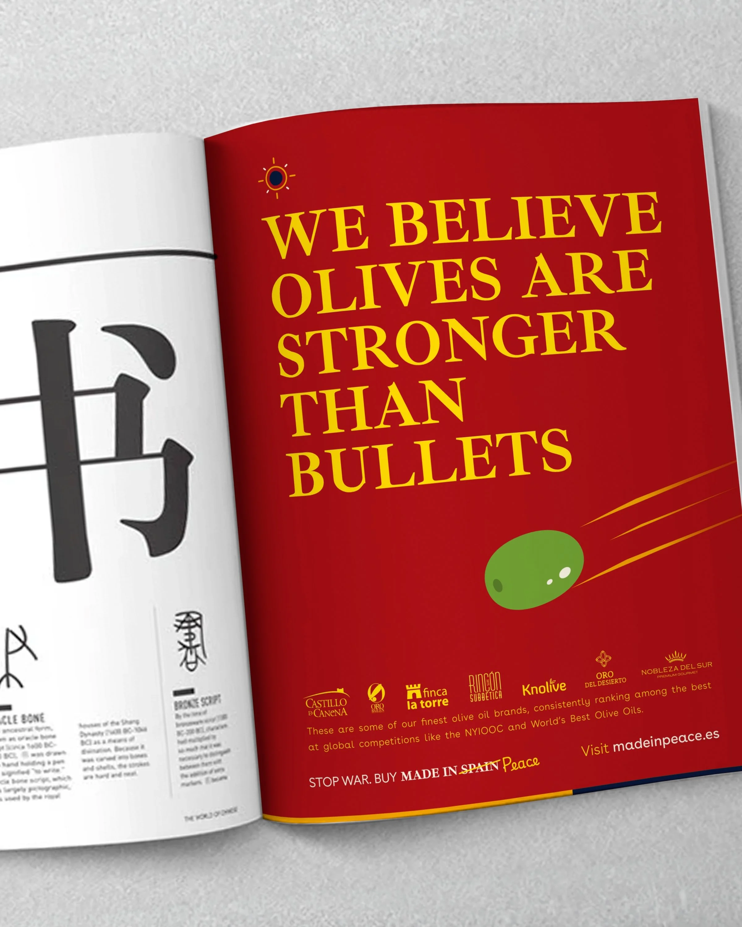 Open magazine with a red page featuring bold yellow text that states, "We believe olives are stronger than bullets," and a small green olive illustration.