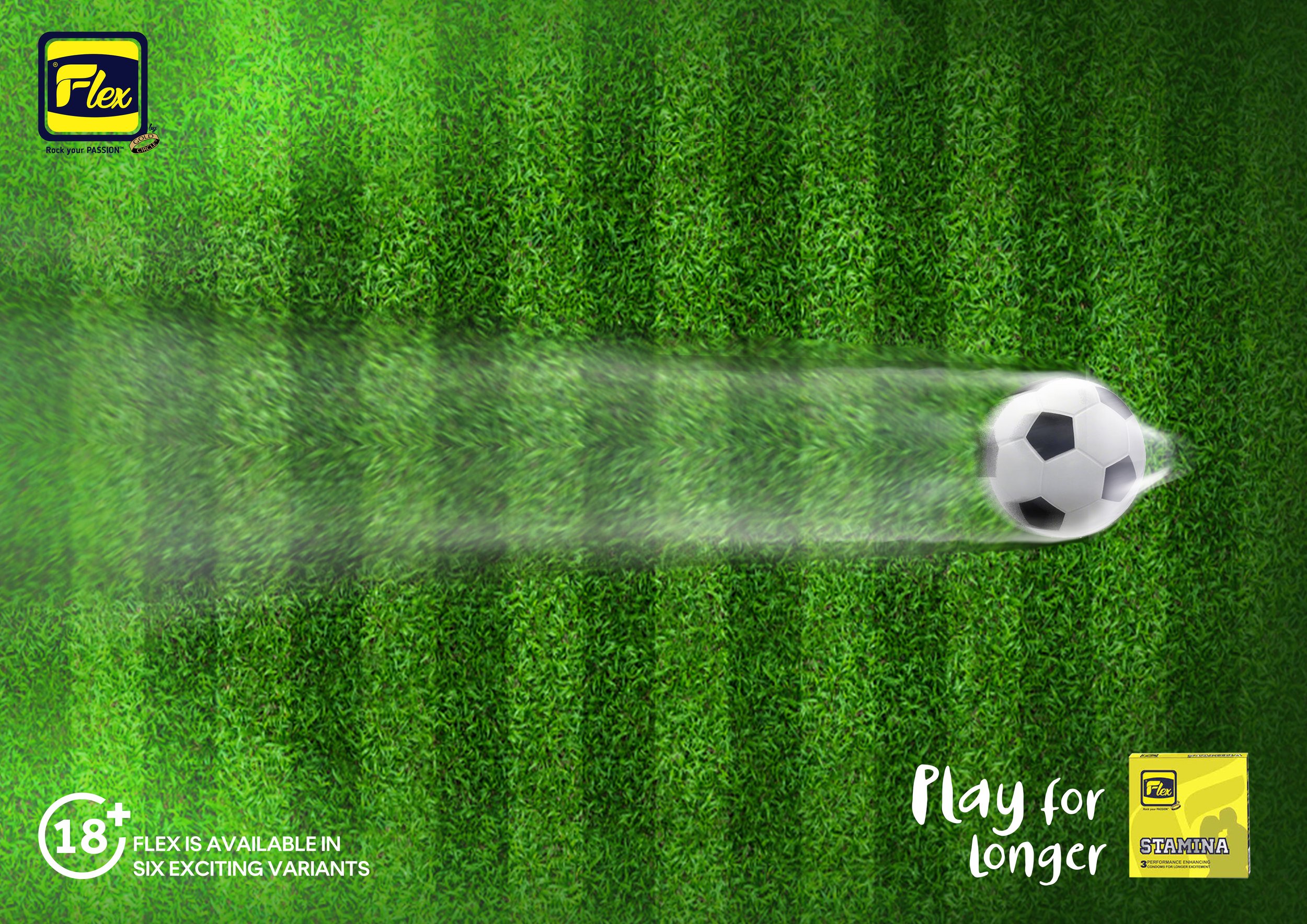 A soccer ball on green grass field with a highlighted section showing a promotional banner for Flex condoms, emphasizing longer play for longer enjoyment, mentioning availability in six variants, and an 18+ age restriction.