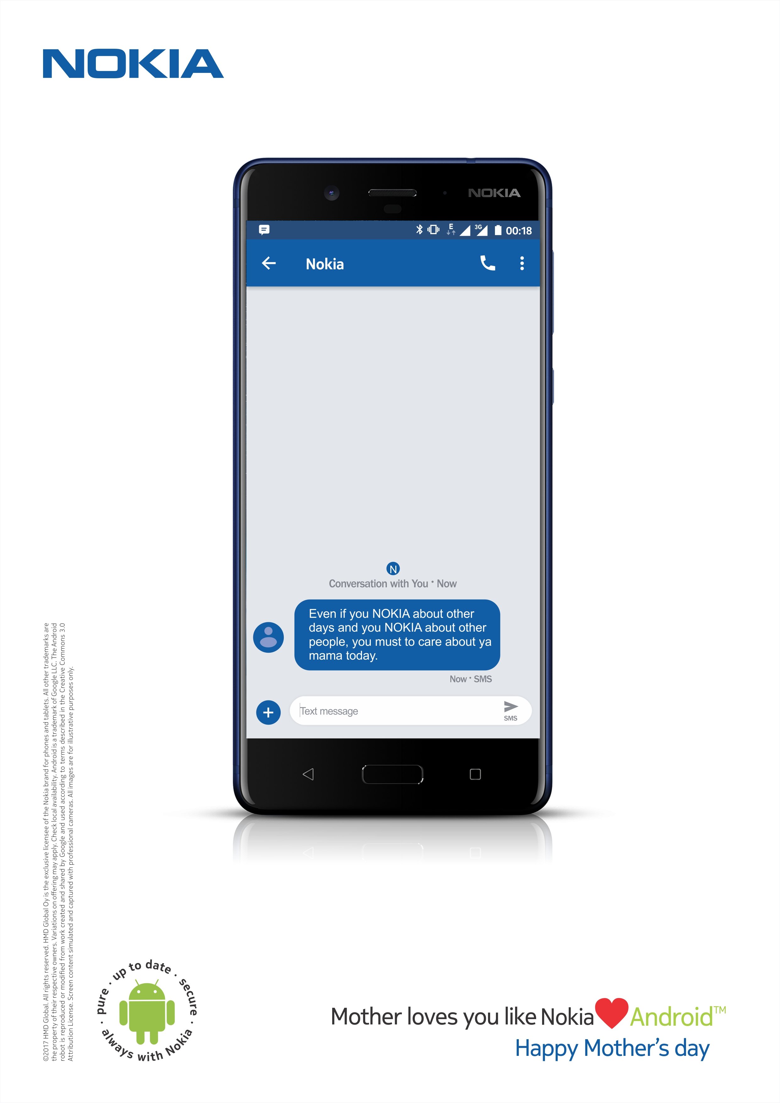 Mother's Day promotional image featuring a Nokia smartphone with a conversation message about caring for moms, alongside logos of Nokia and Android, and a green Android mascot with the text 'Always with Nokia'.