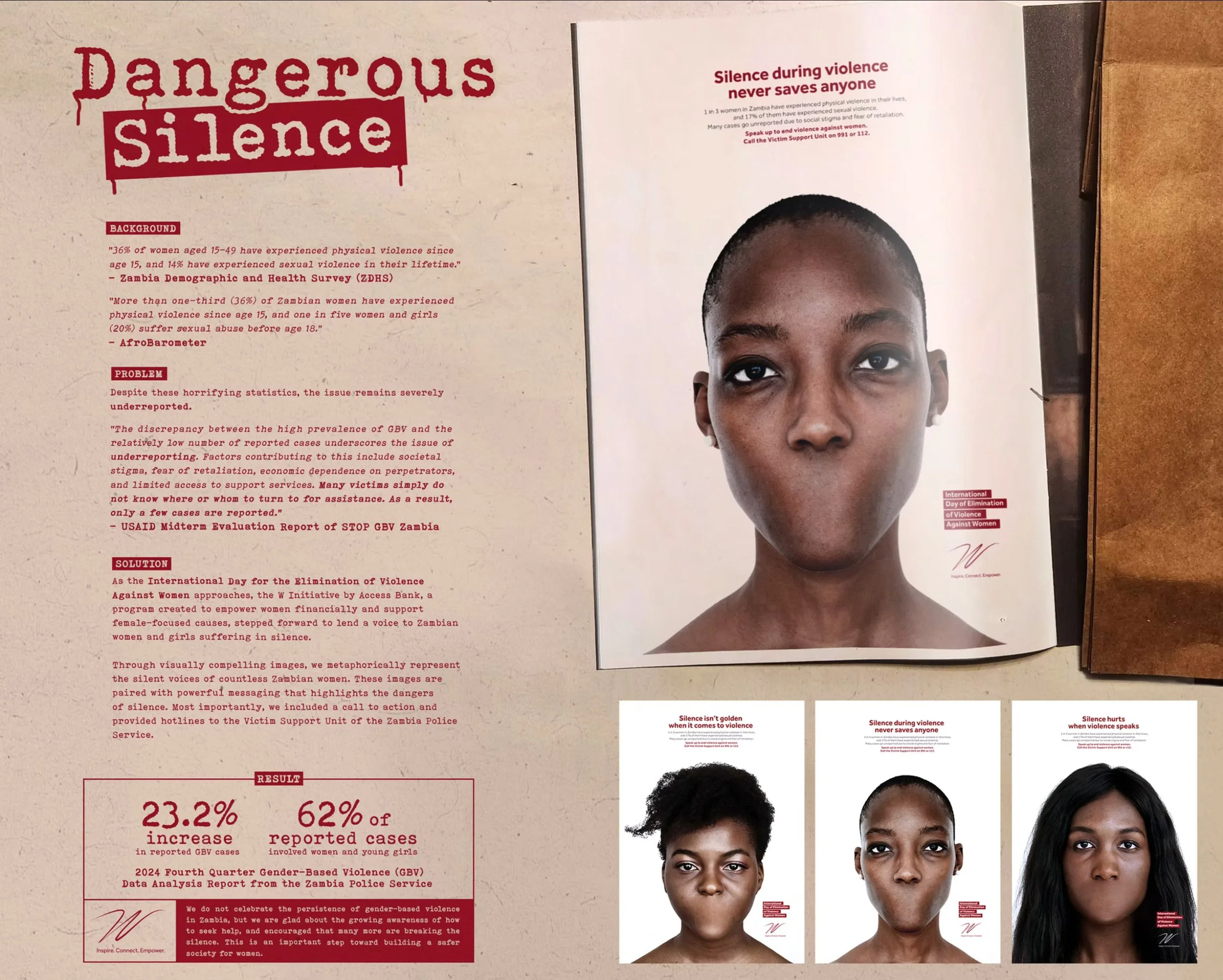 A poster with the title 'Dangerous Silence' featuring statistics, text about violence against women, and a large photograph of a young woman's face. The text discusses violence in Zambia, silence during violence, and includes various statistics and solutions.