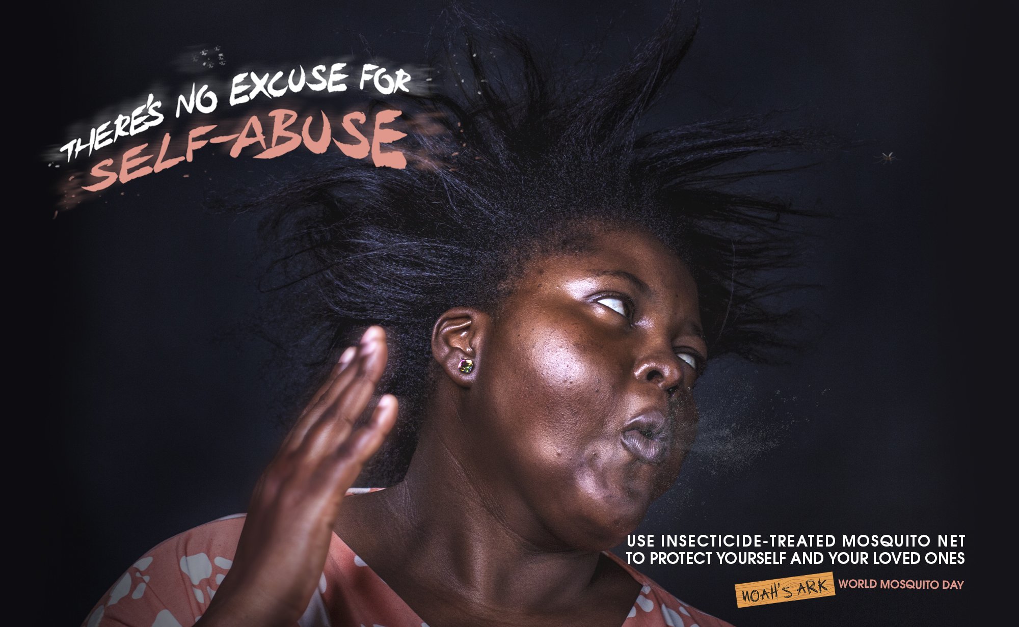 A woman with dark skin and black hair, wearing a red and white patterned dress, is blowing powder or dust into the air. The text on the image reads: "There's no excuse for self-abuse" and advises using insecticide-treated mosquito net to protect oneself. It is associated with World Mosquito Day.