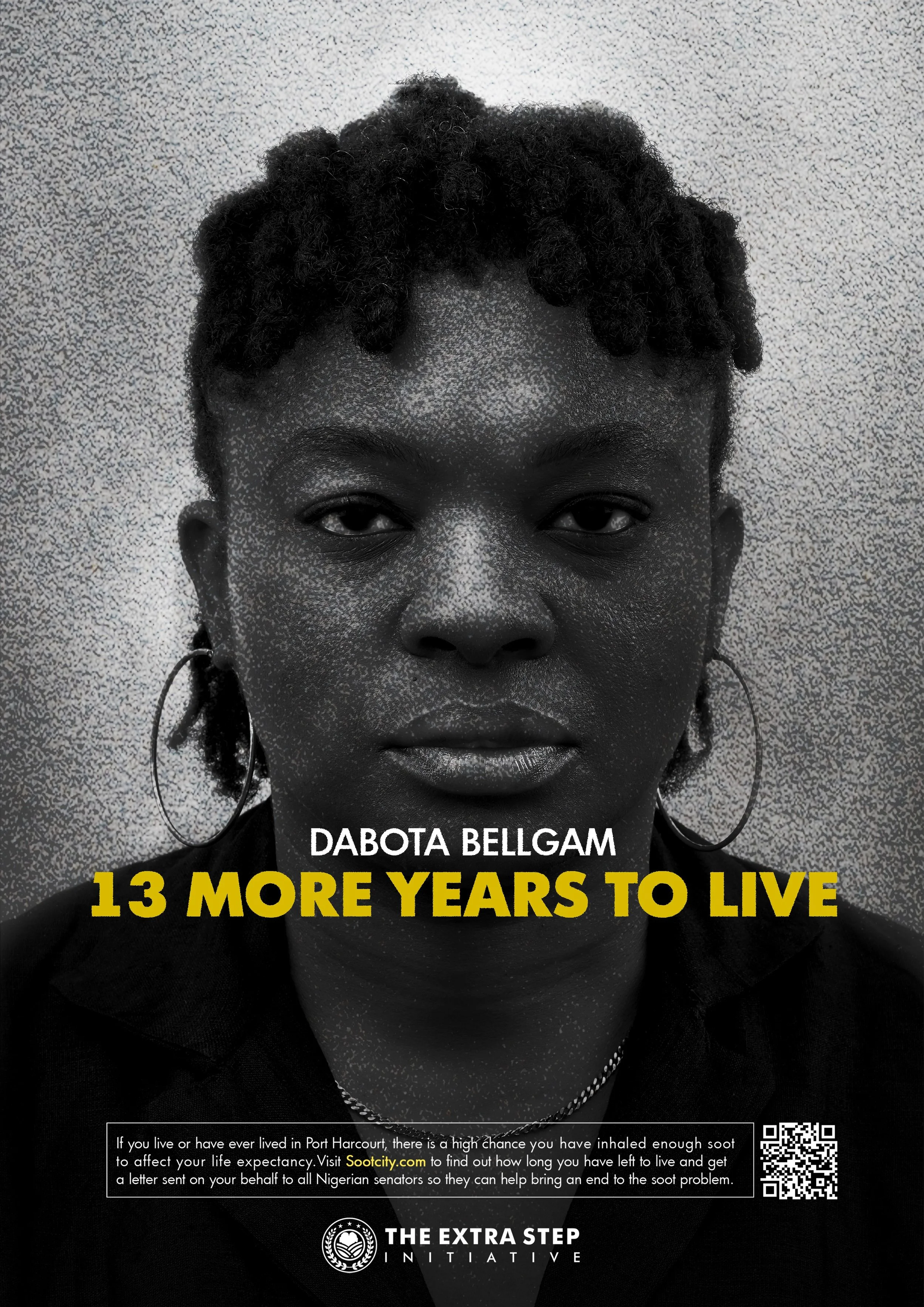 Portrait of a woman with dreadlocks and hoop earrings, with text overlay promoting awareness for living in Port Harcourt, Nigeria, highlighting 13 more years to live and encouraging viewers to visit soticity.com to find out how to help Nigerian senators address the issue.