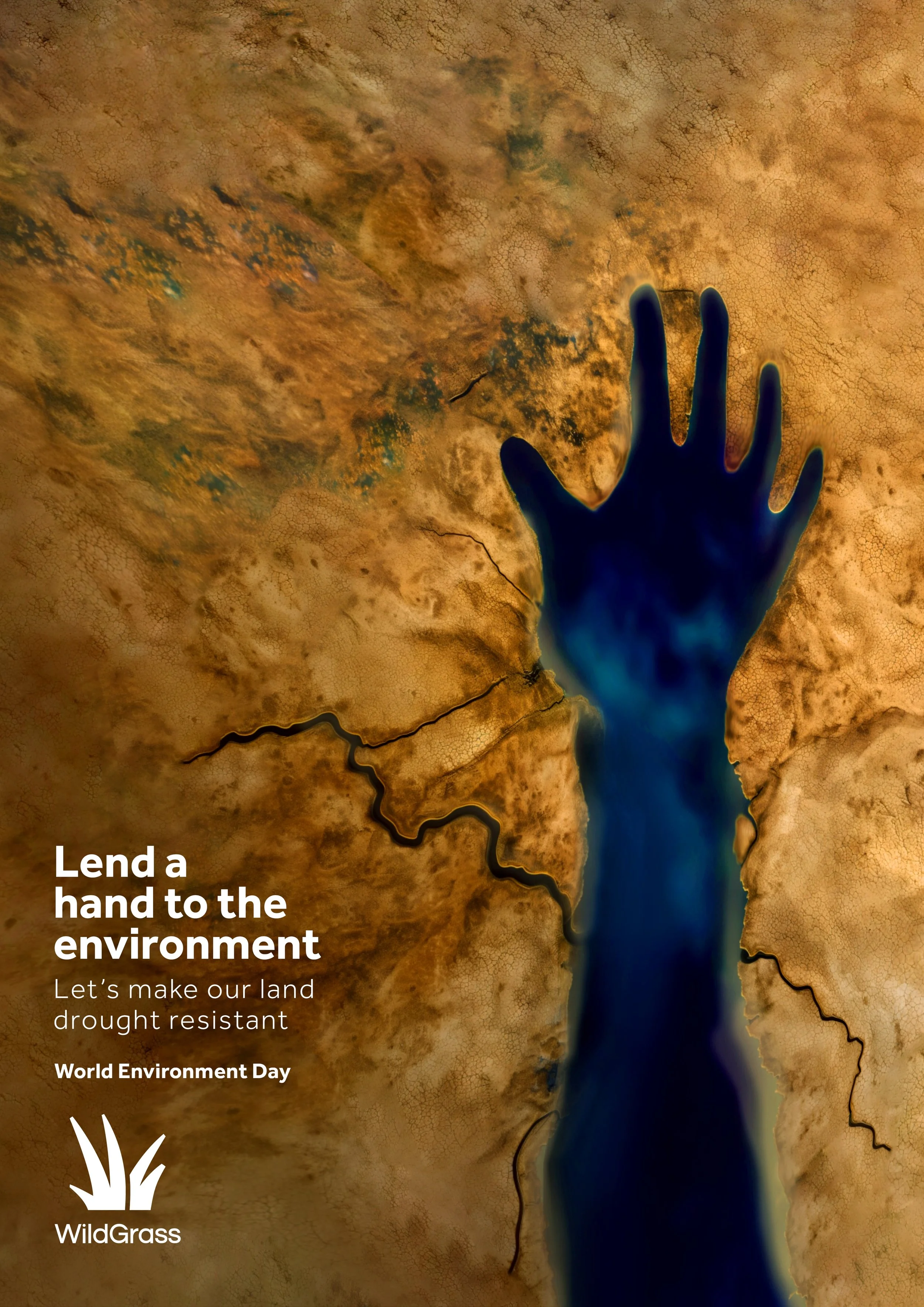 An aerial view of a landscape showing a body of water, land with cracks and dry patches, and a silhouette of a hand reaching out with the words 'Lend a hand to the environment. Let's make our land drought resistant. World Environment Day' and a logo of wild grass.