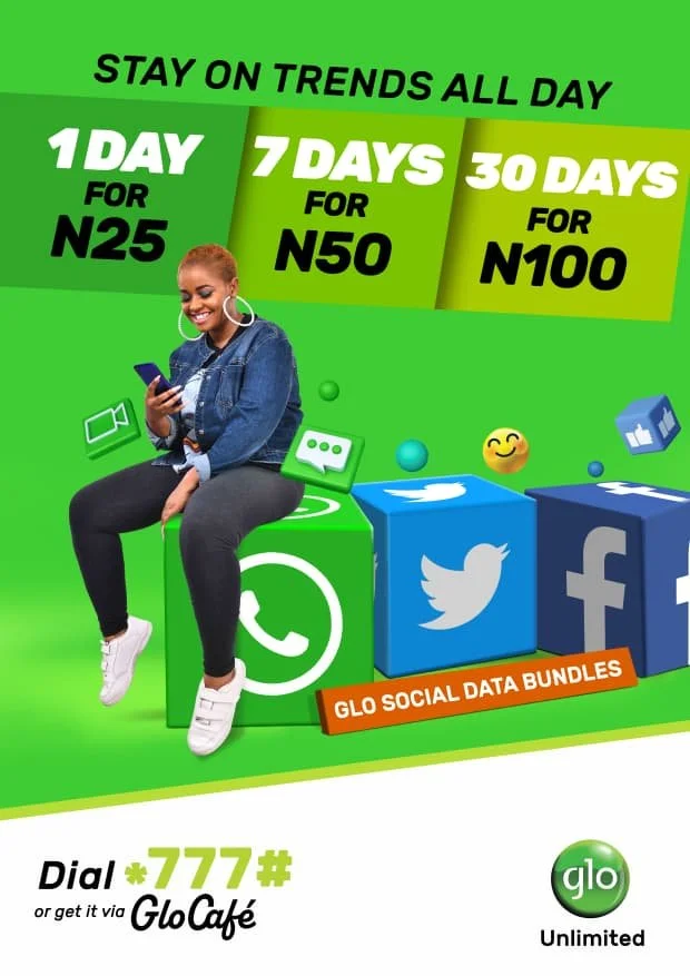 Advertisement for Glo social data bundles, featuring a woman using her phone and icons of WhatsApp, Twitter, Facebook, and messaging, with plans for 1 day, 7 days, and 30 days.