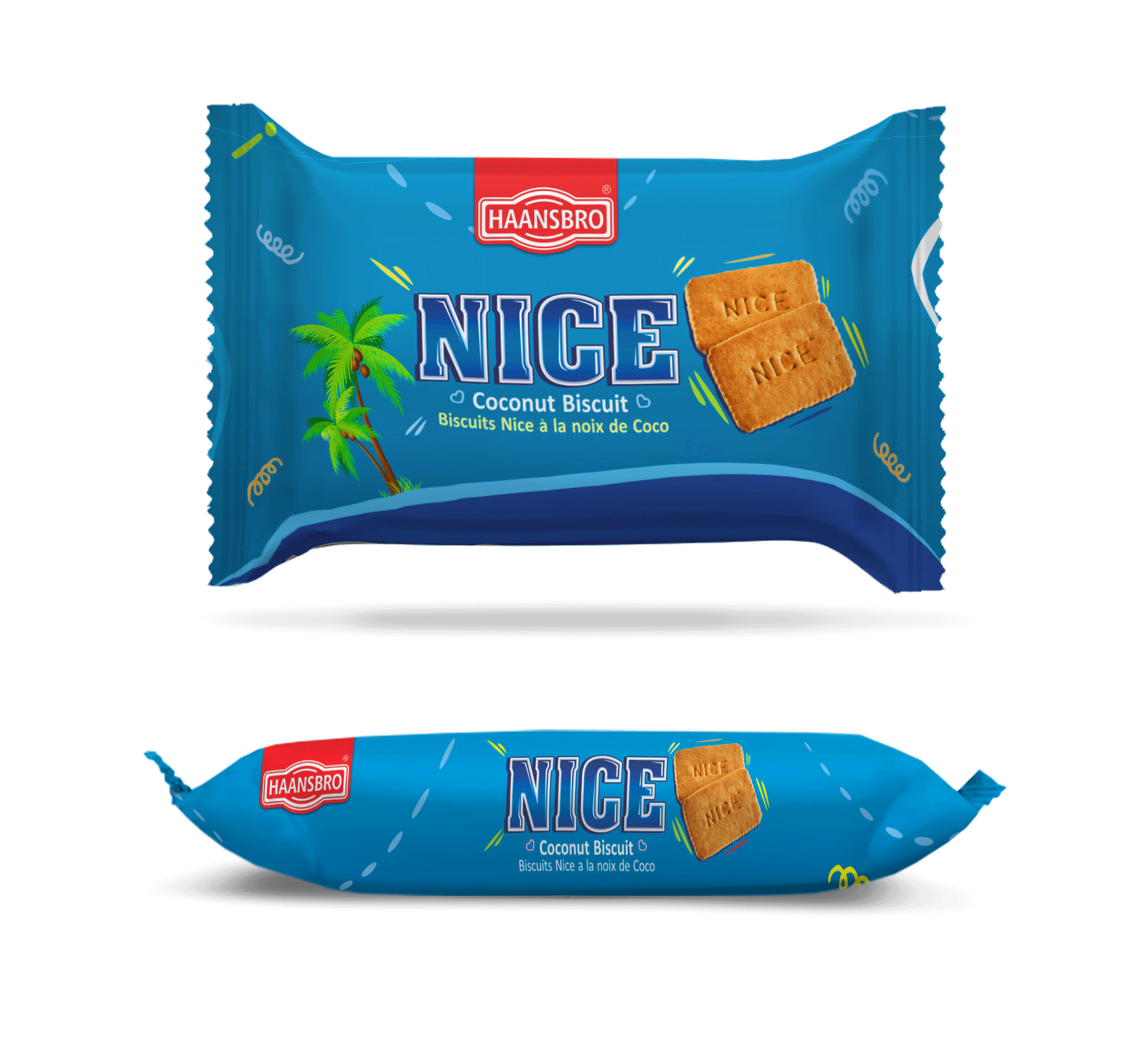 A blue package of HAANSBRO NICE coconut biscuits featuring an illustration of coconut trees and two biscuits with the word 'NICE' on them.